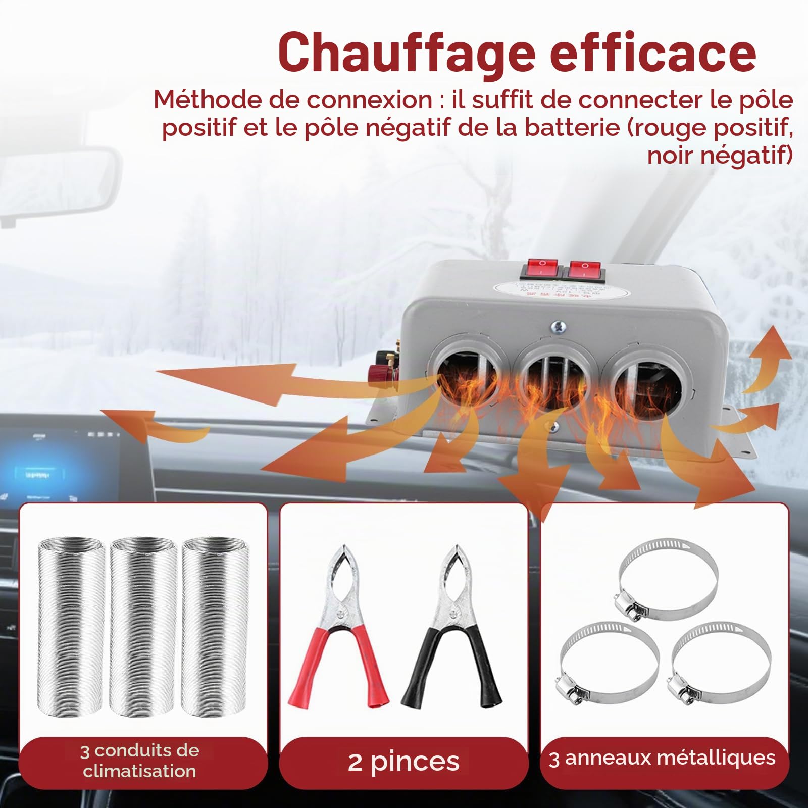 OUKENS chauffage voiture 12V 600W-800W désembuage 3 sorties