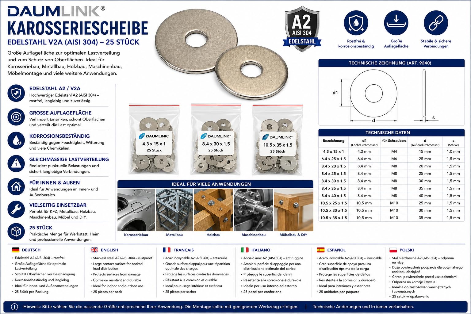 DAUMLINK Rondelles carrosserie inox A2 8,4x25x1,5 lot 25