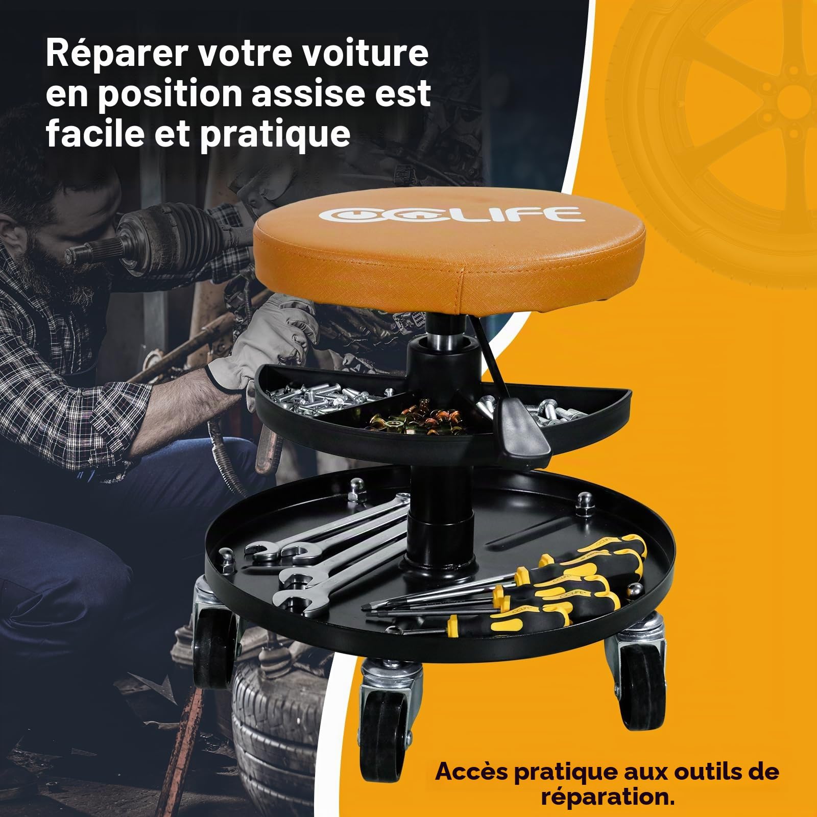 CCLIFE Tabouret Atelier à Roulettes Orange 150 kg Réglable