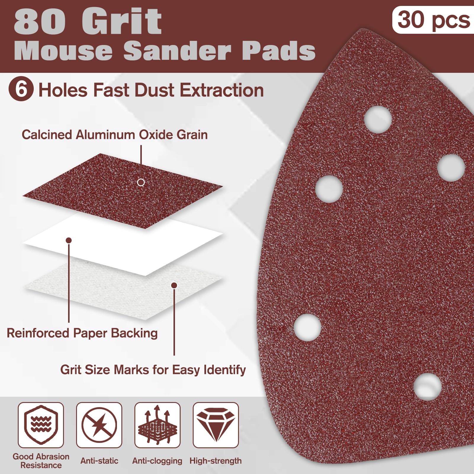 LEONTOOL Sanding papier verre souris grain 80 6 trous lot 30