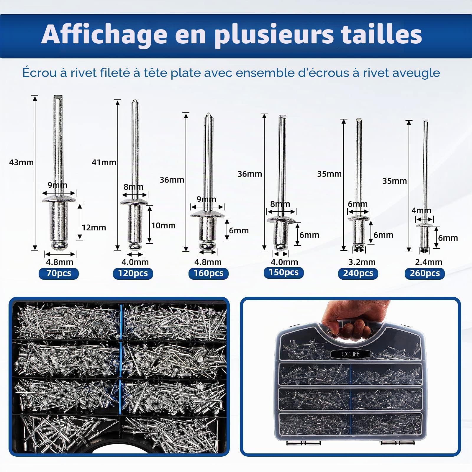 CCLIFE Rivet Guns boîte rivets aveugles alu 1000 pièces