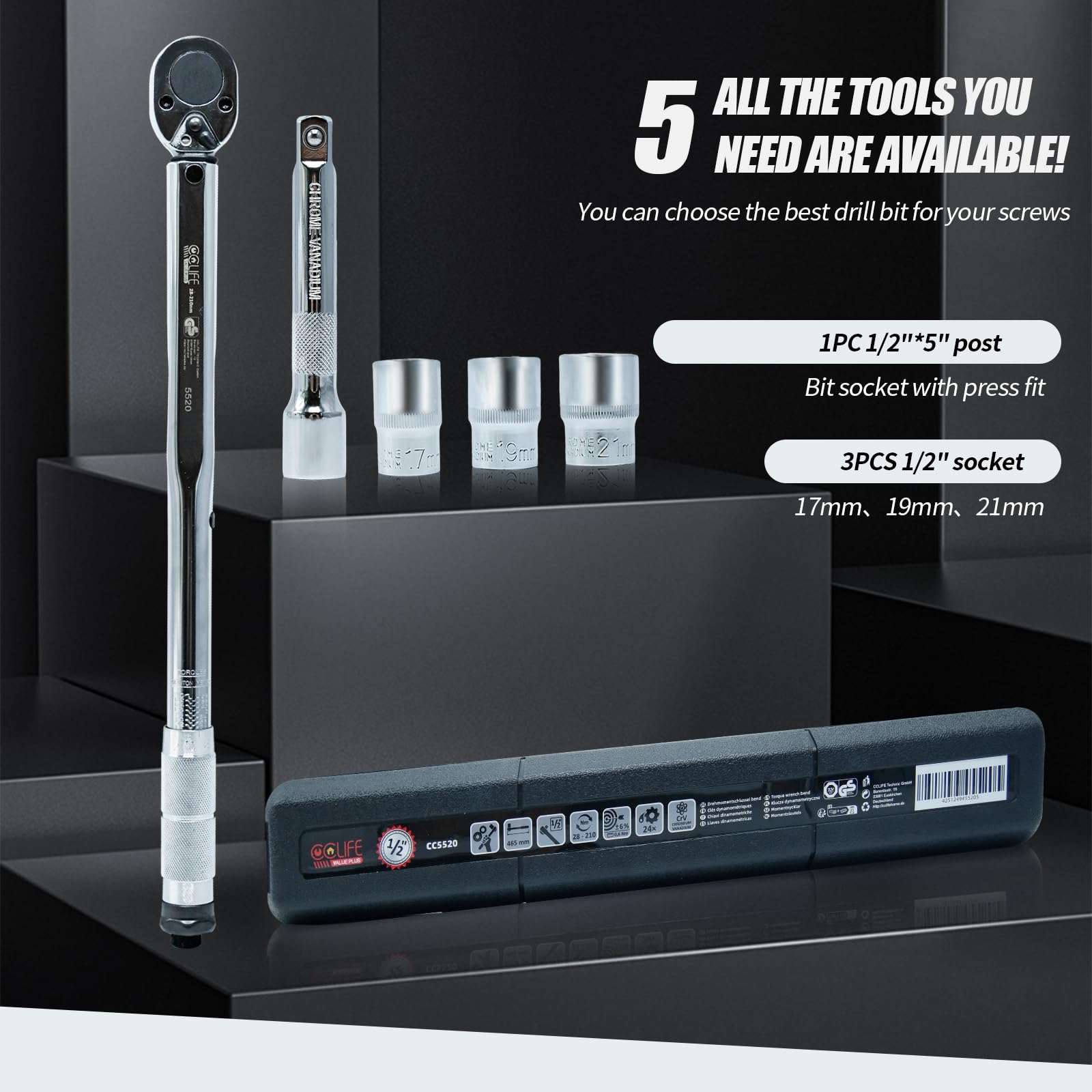 CCLIFE Wrenches clé dynamométrique 1/2 28-210 Nm kit 5 pièces