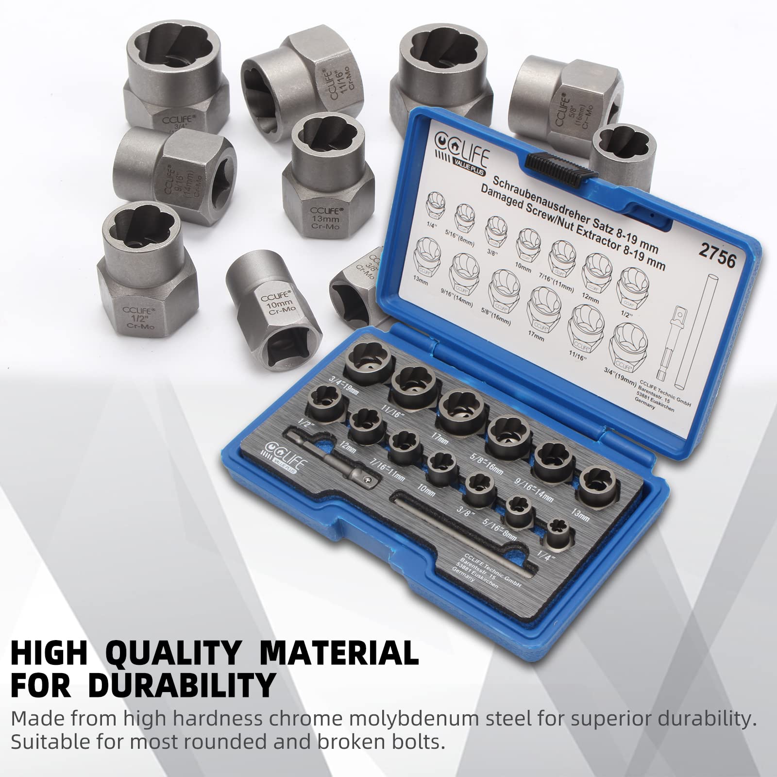 CCLIFE Locking Wheel Nut Removal coffret extracteur 15 pièces 8-19mm