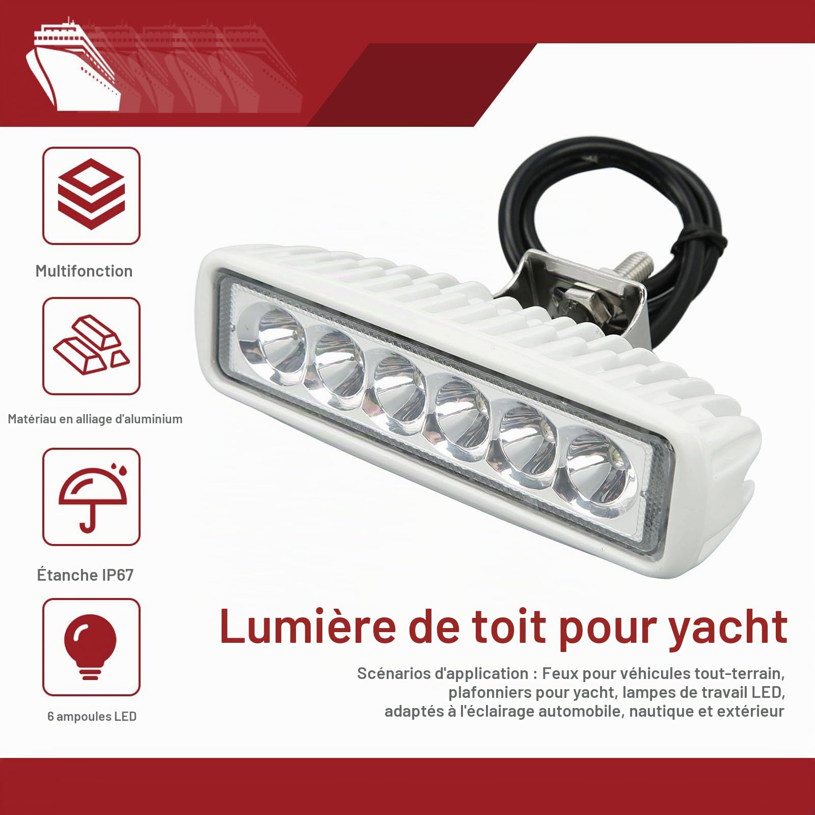 OUKENS lampe de travail LED bateau 12V-24V IP67 6 LED