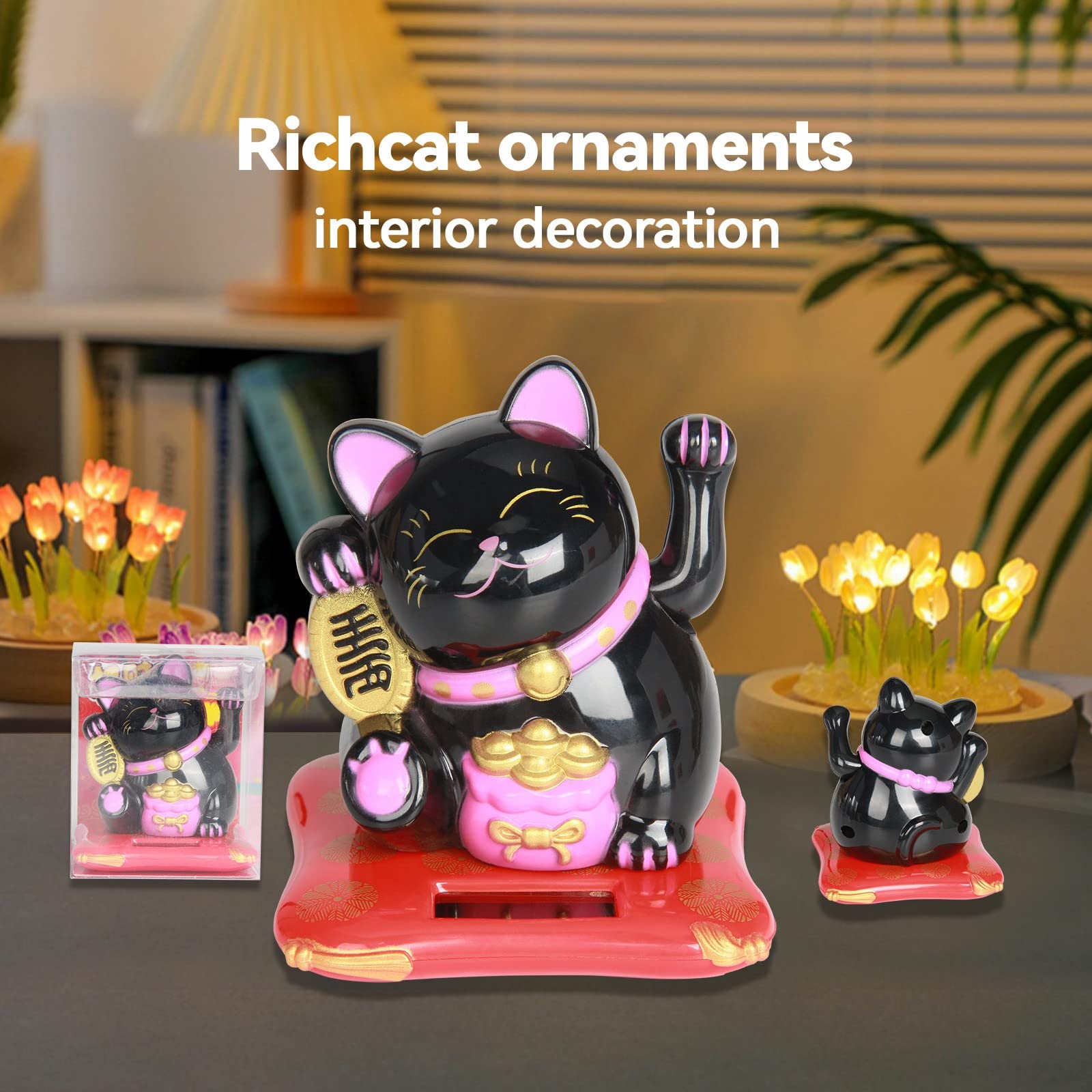 Jadeshay maneki neko solaire noir chat porte-bonheur