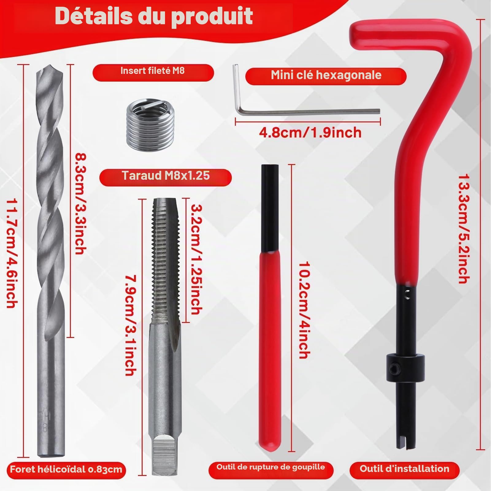 LEONTOOL Kits de Réparation Filetés M8x1.25 30 pièces
