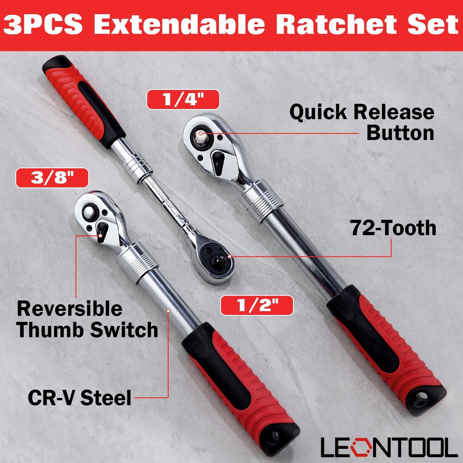 LEONTOOL Jeux de Douilles Lot 3 Cliquets Extensibles 72 Dents CR-V