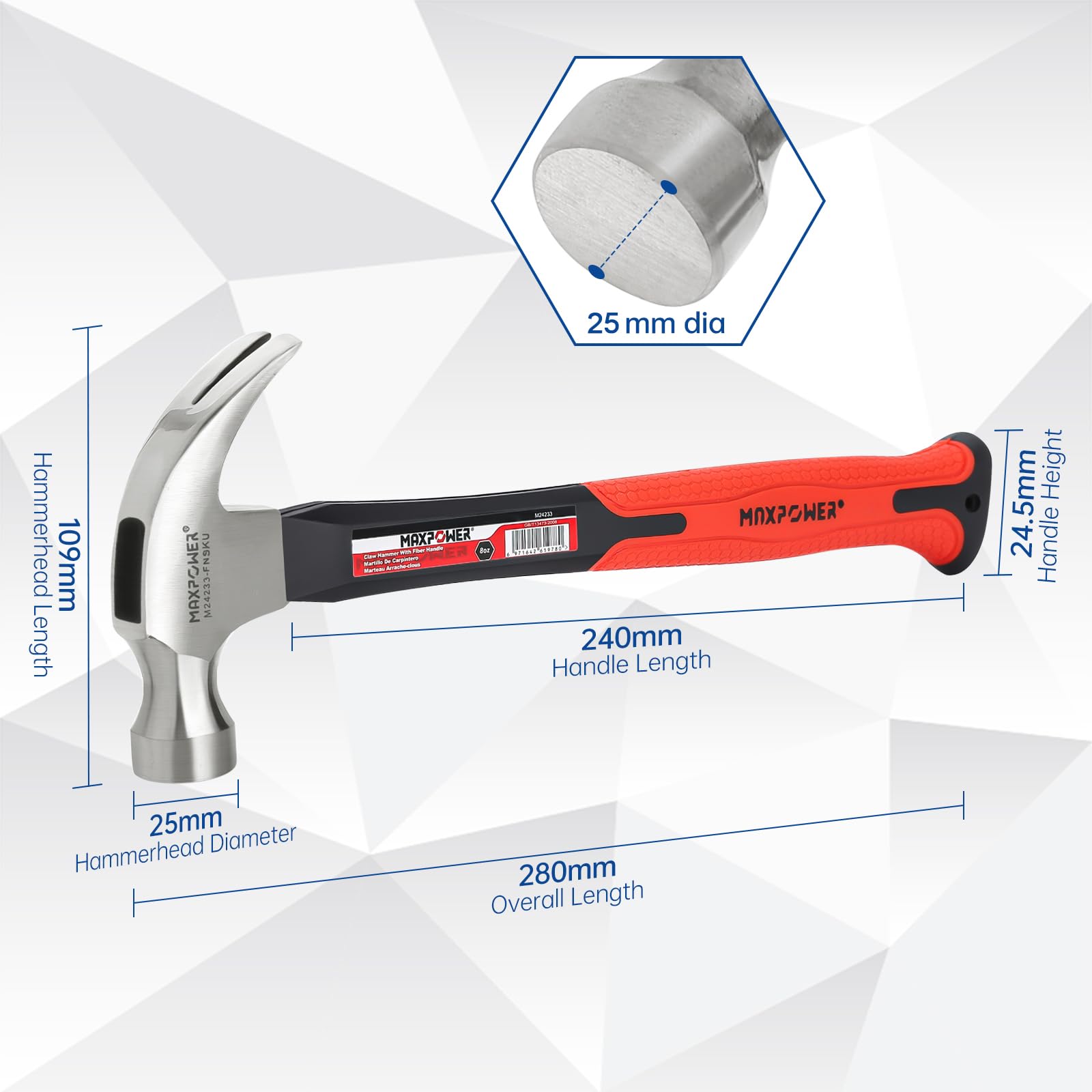 MaxPower Outils de frappe marteau à griffes 8Oz 240mm