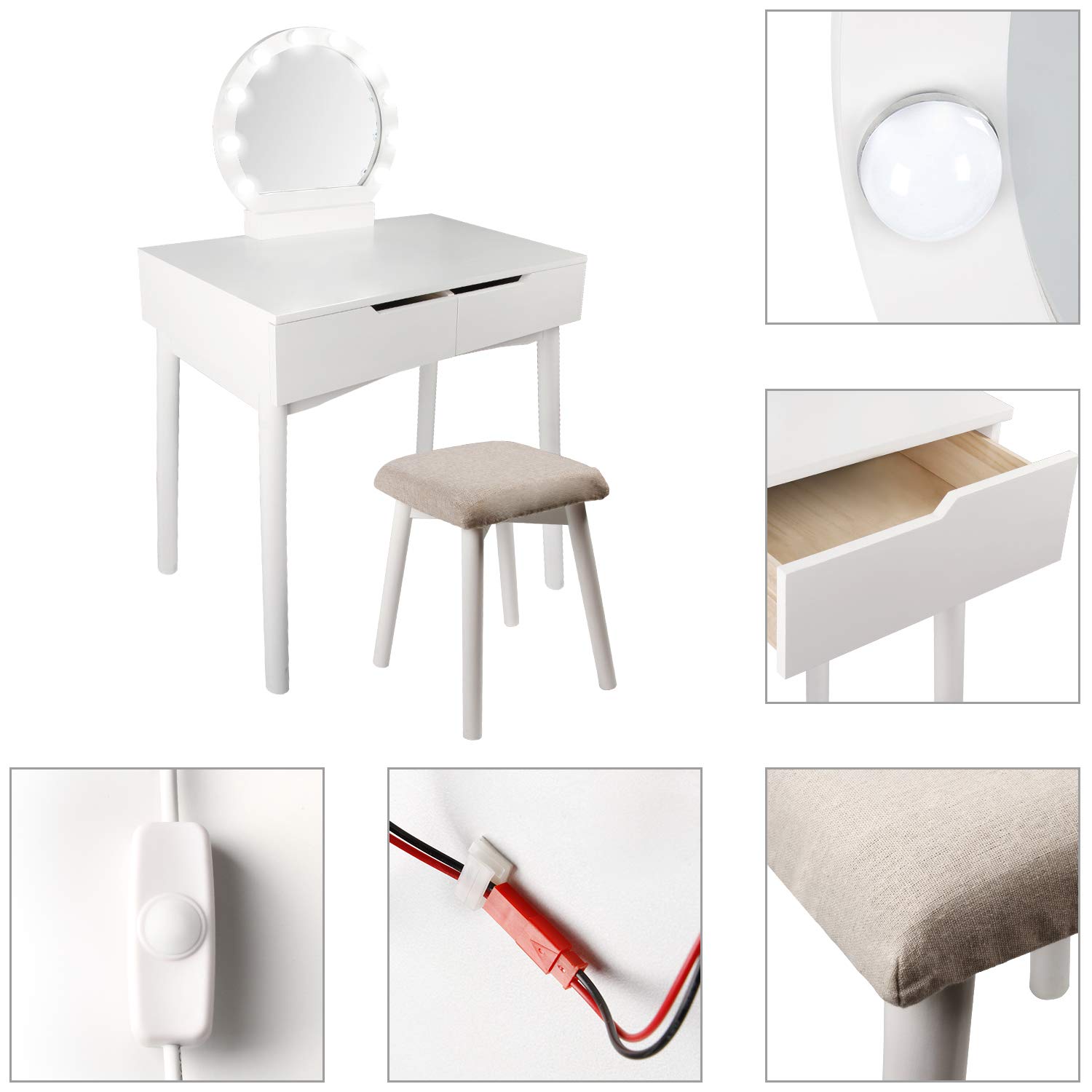 CCLIFE coiffeuse miroir LED blanc tabouret 80x40cm