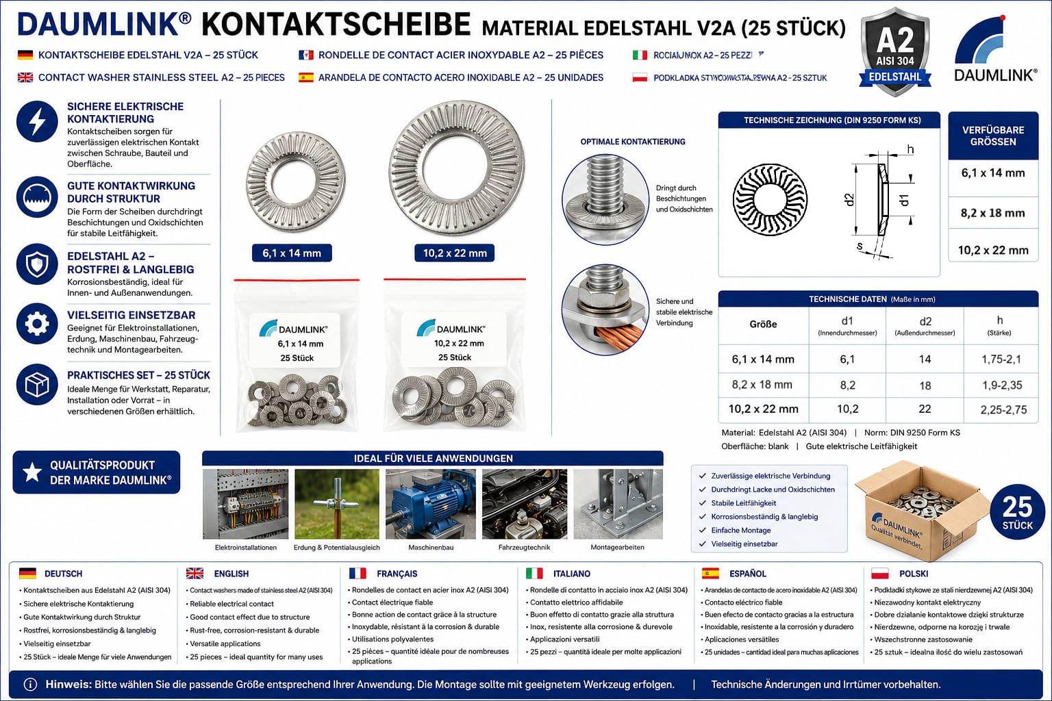 DAUMLINK Rondelles de contact rondelle inox A2 8,2x18 lot 25