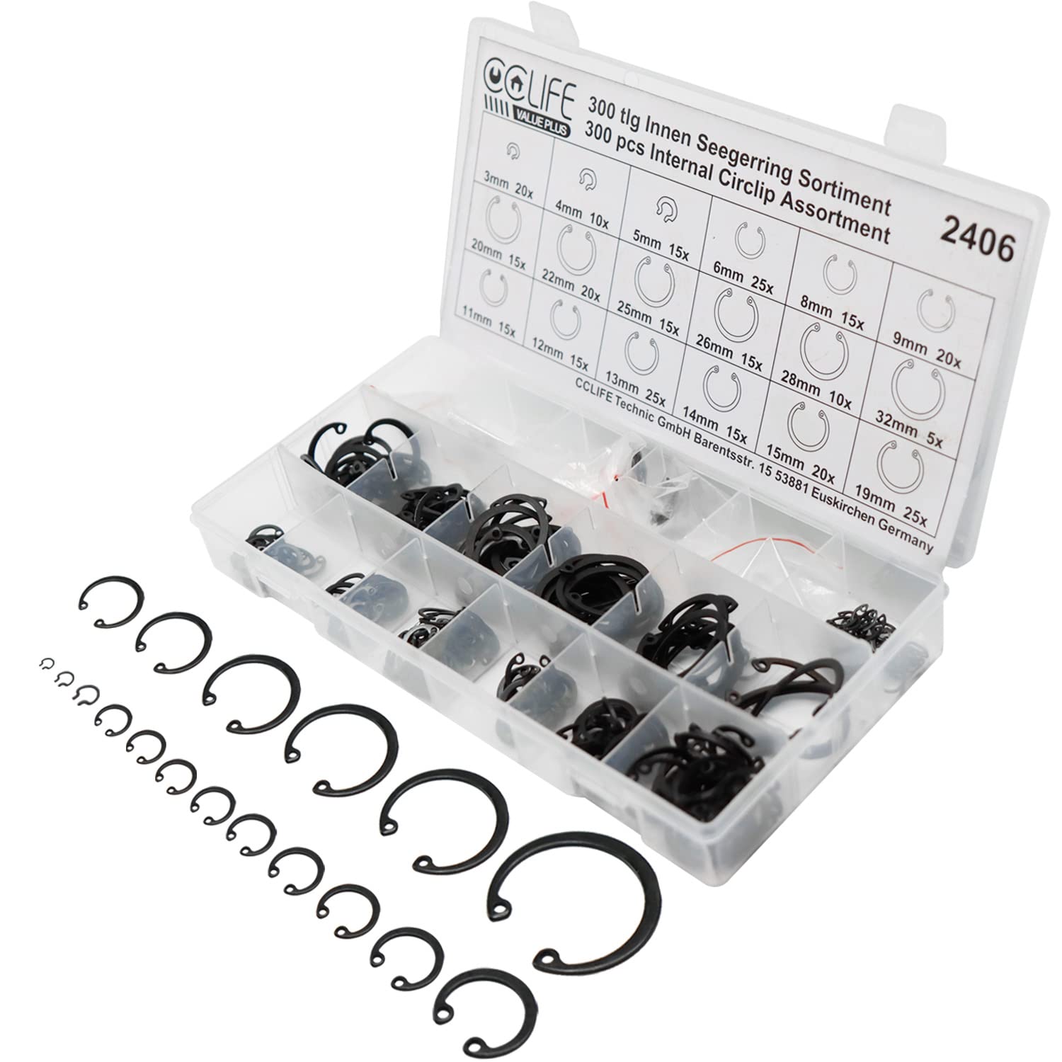CCLIFE Circlips Intérieur Anneau 300 Pièces Noir 3-32mm
