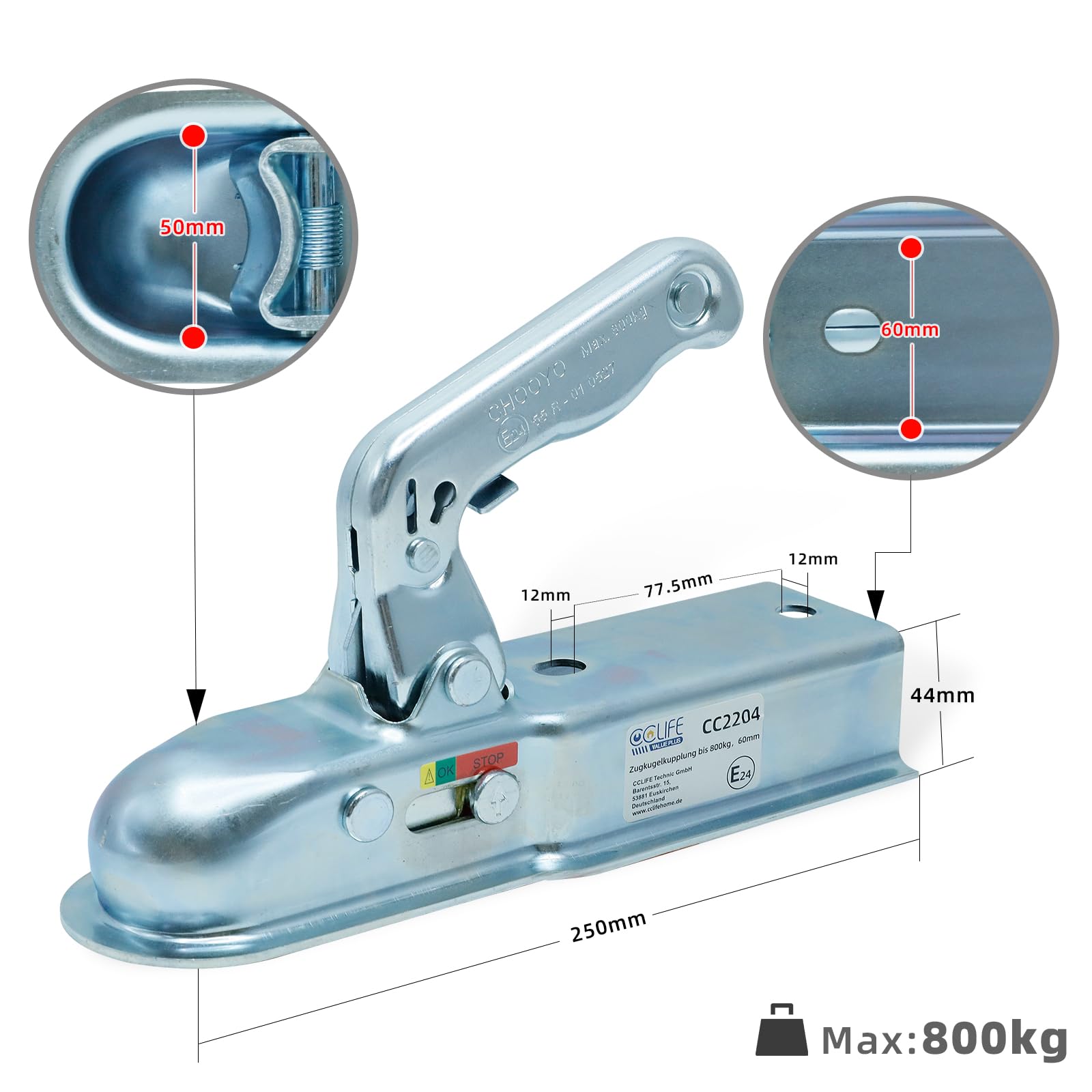 CCLife DIY Tools tête d'attelage 800 kg timon 60 mm