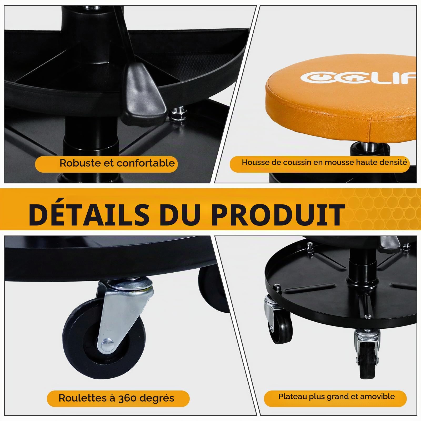 CCLIFE Tabouret Atelier à Roulettes Orange 150 kg Réglable