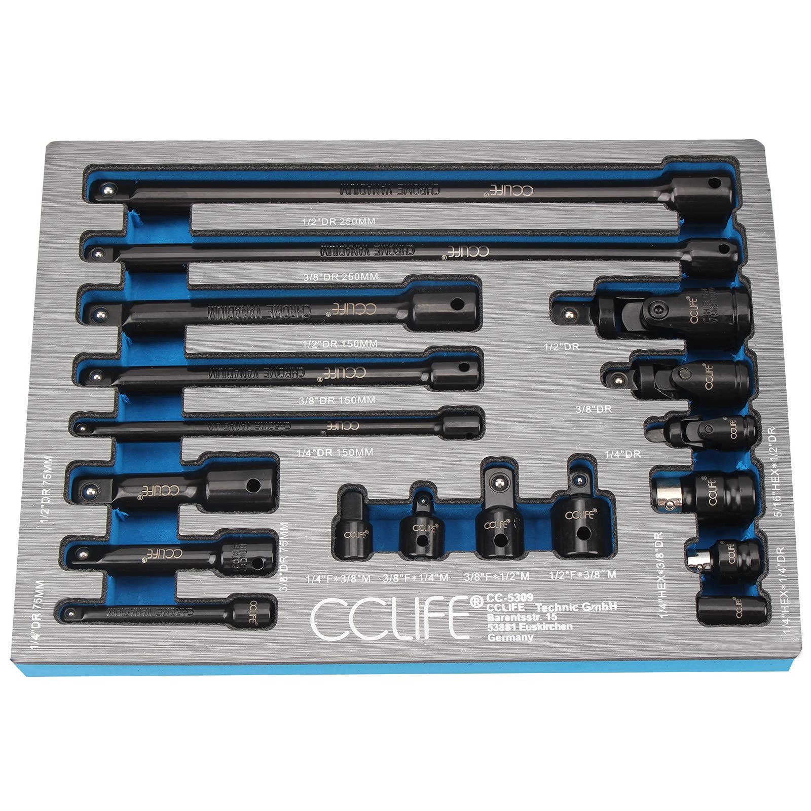 CCLIFE Socket and Bit Sets rallonge douille 18 pièces 1/4-1/2"