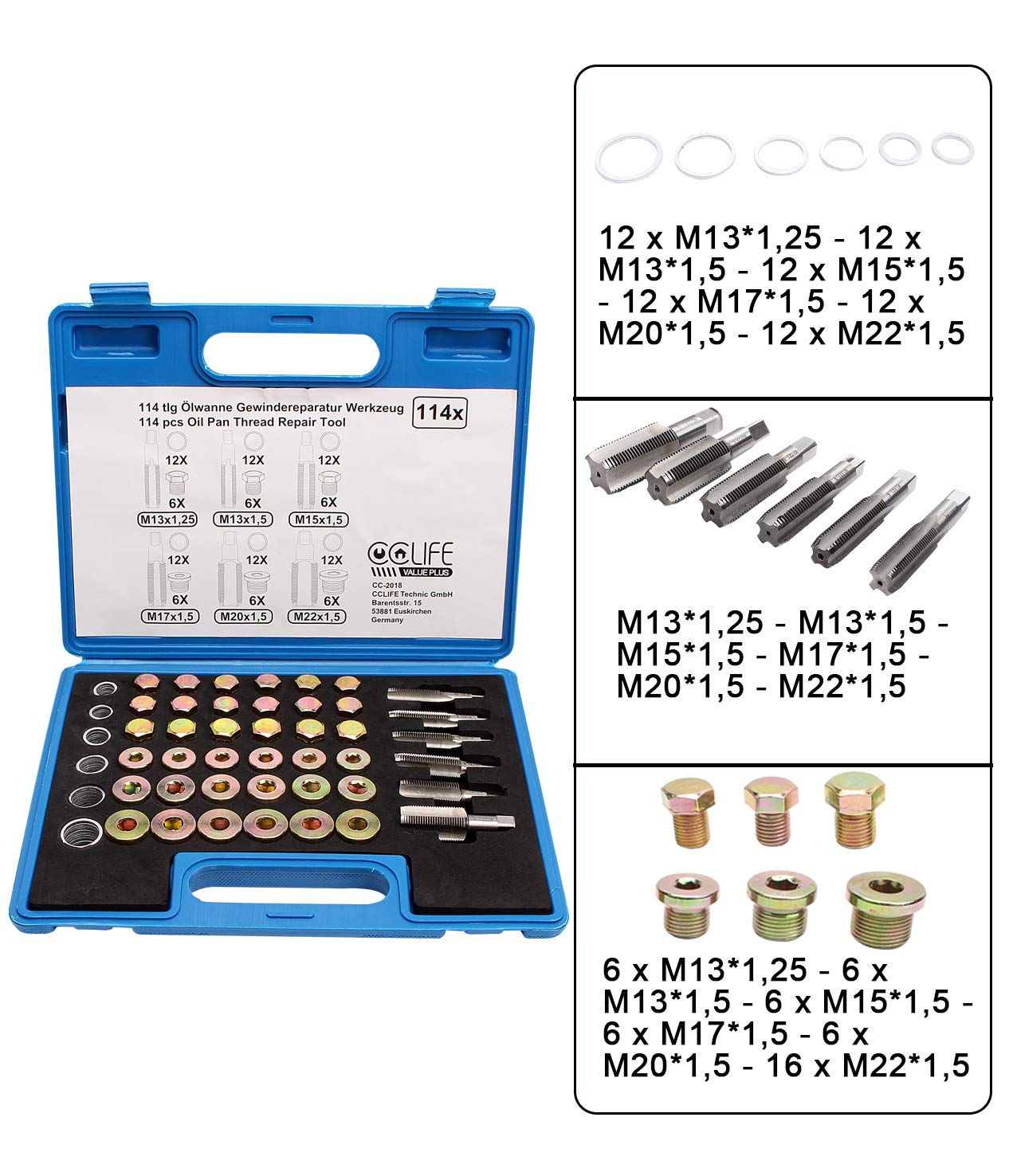 CCLIFE Filetage kit réparation carter huile 114 pcs