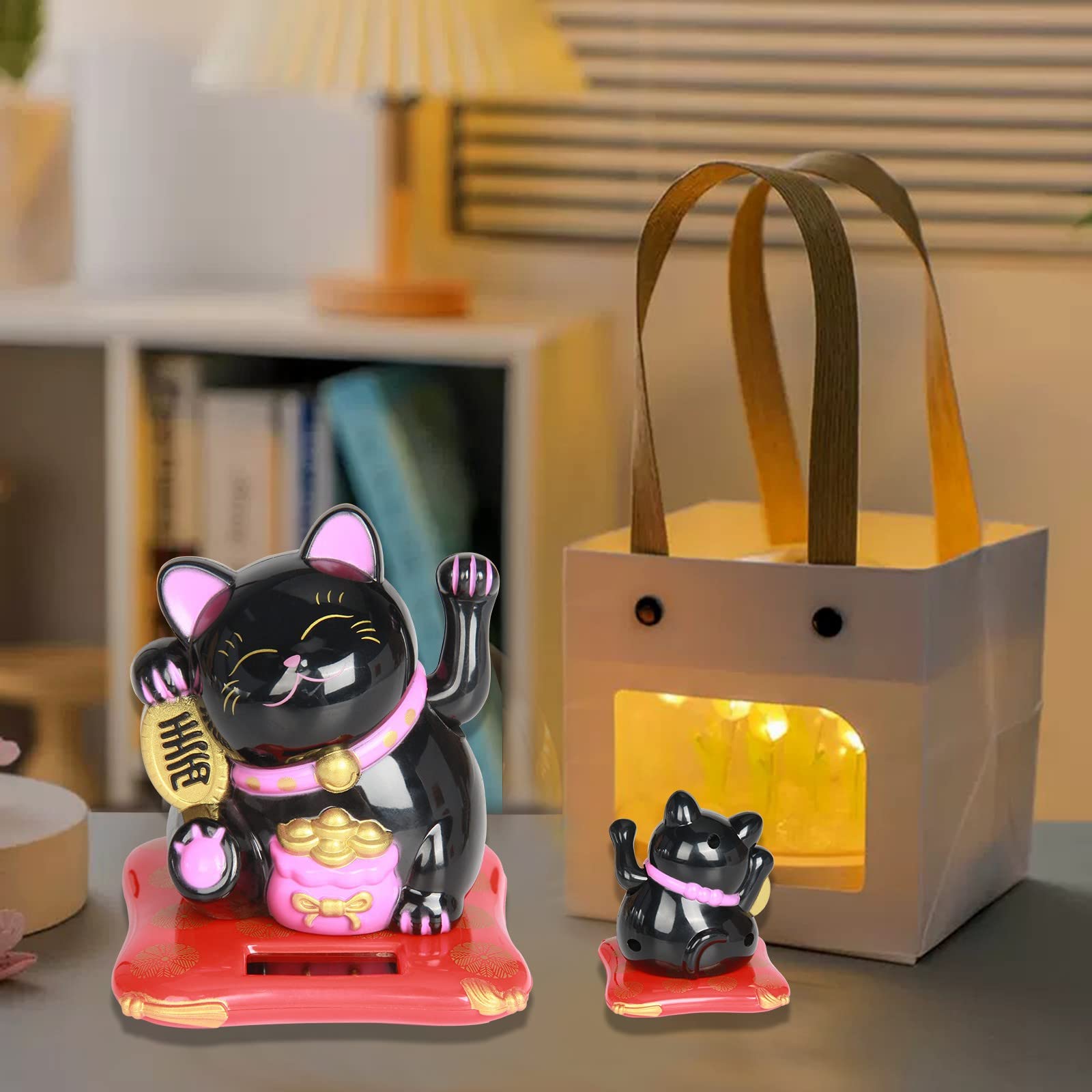 Jadeshay maneki neko solaire noir chat porte-bonheur