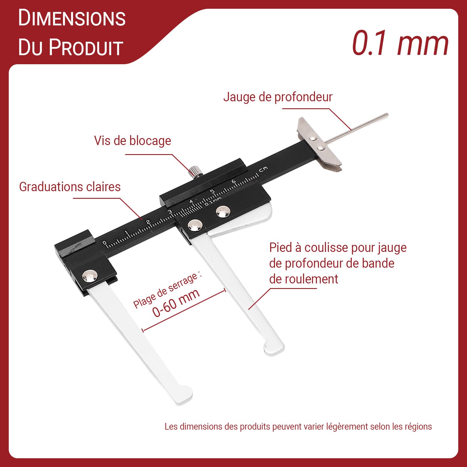 OUKENS Jauge Profondeur Pneu 0-60 mm Jauge 0,1 mm Alu
