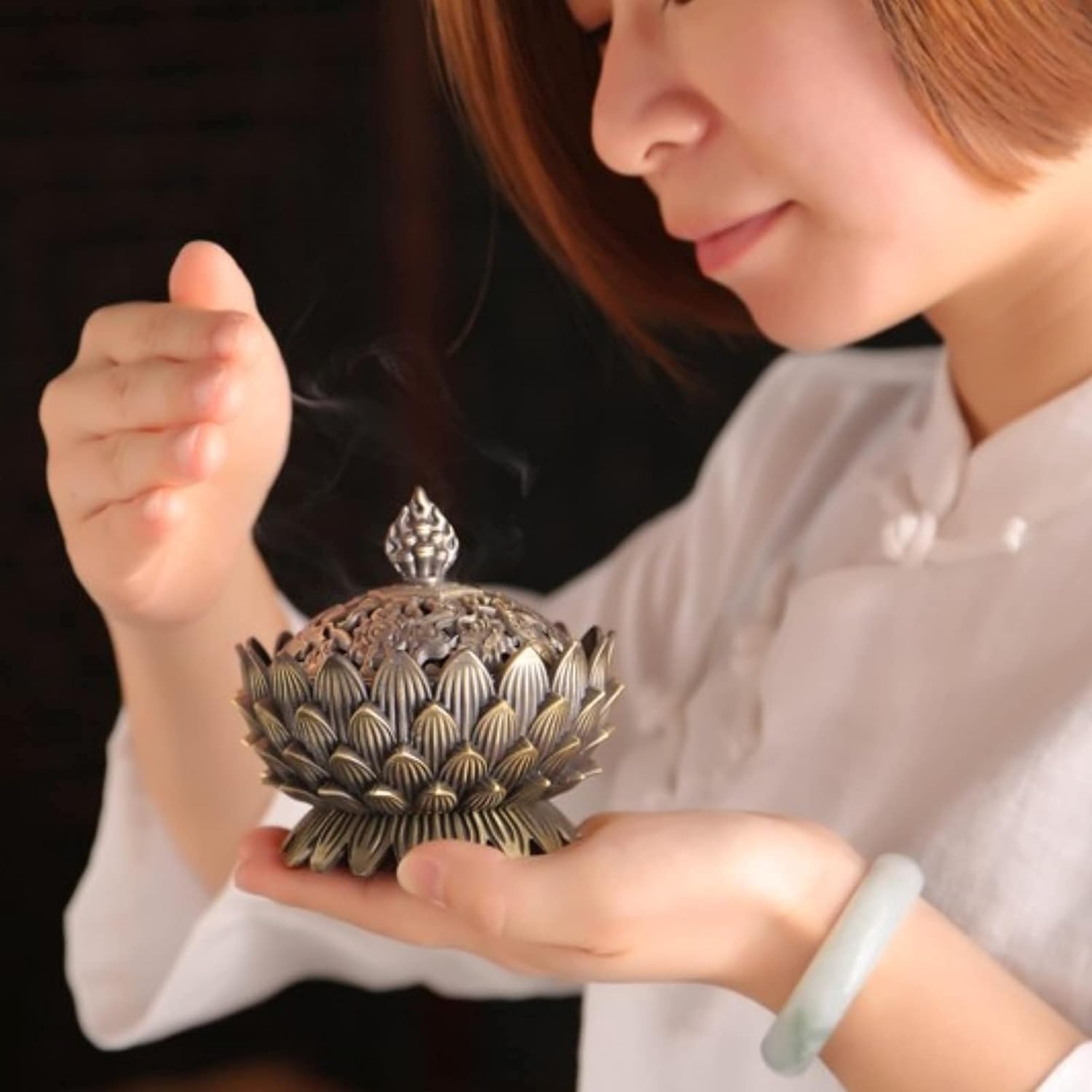 Jadeshay Articles Ménagers brûleur d'encens lotus bronze zinc