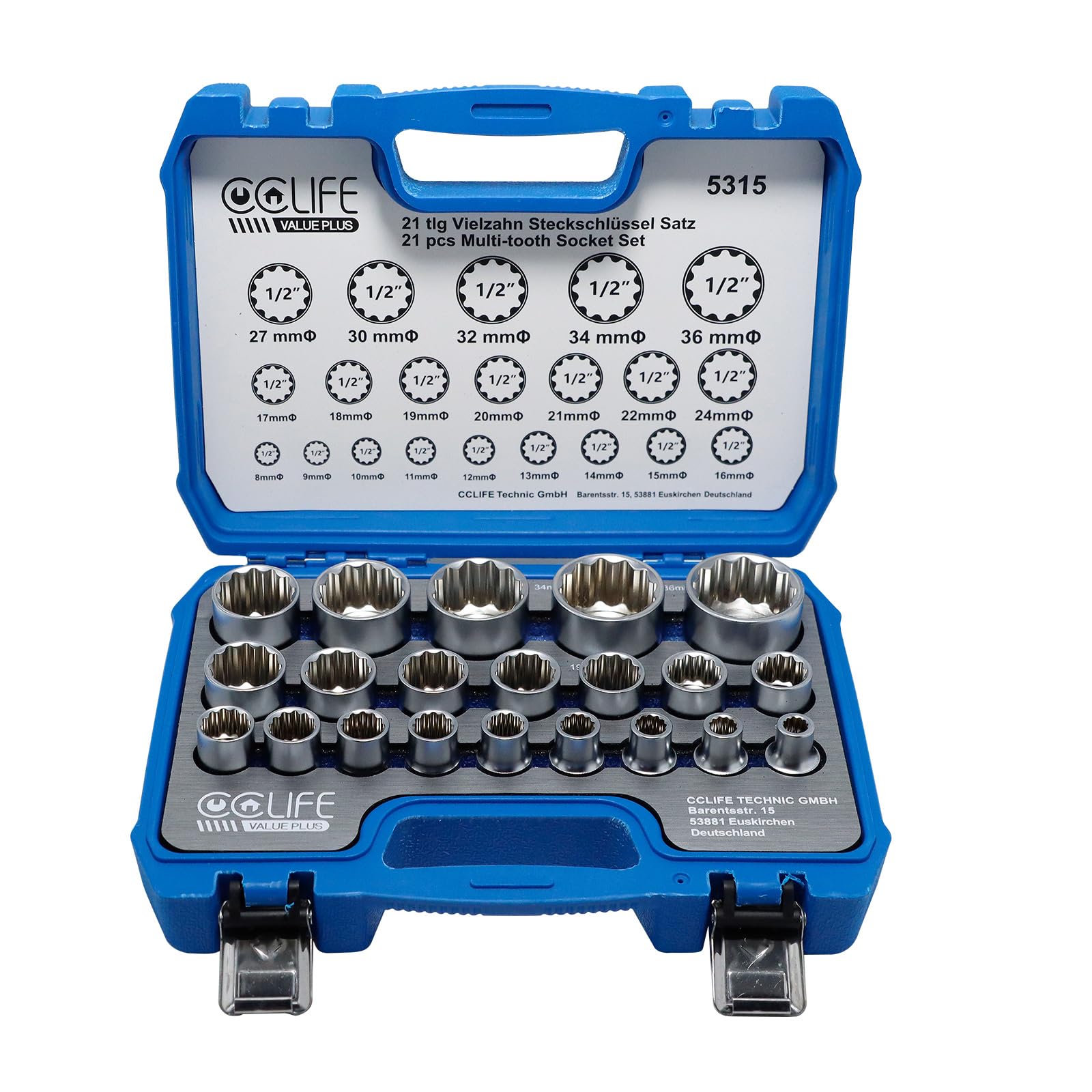 CCLIFE Socket and Bit Sets coffret douilles 1/2 21 pcs Cr-V