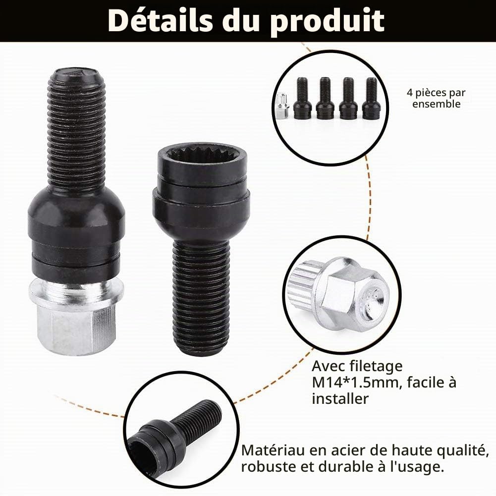 OUKENS boulons roue M14x1.5 noirs 4+1 avec clé