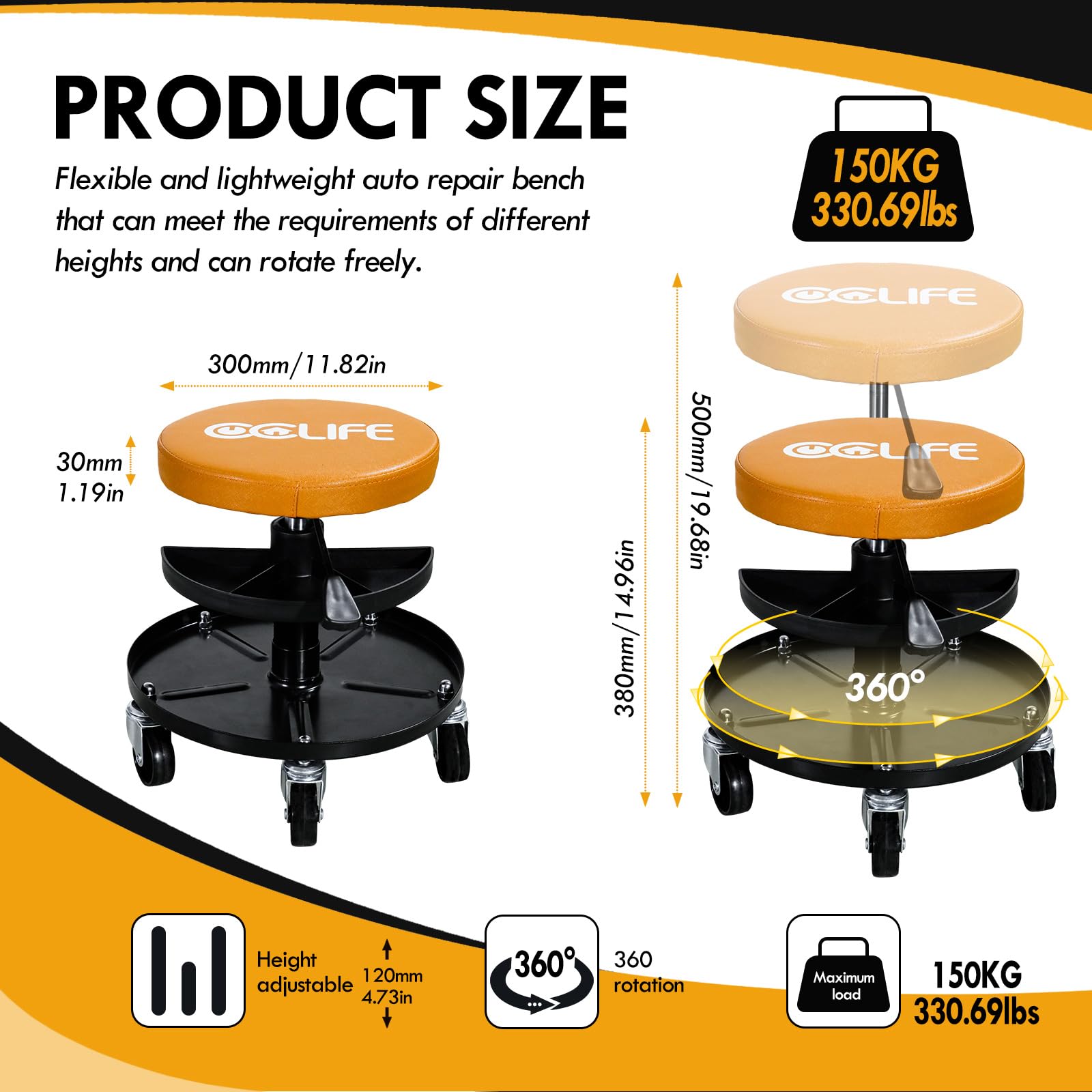 CCLIFE Tabouret Atelier à Roulettes Orange 150 kg Réglable