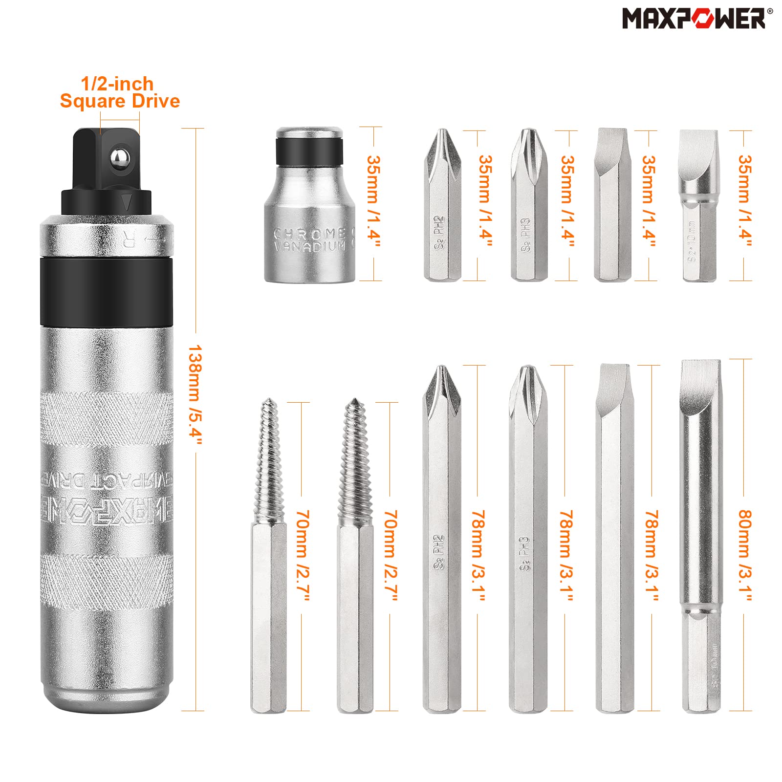 MaxPower Outils de frappe Tournevis à Frapper 12 Pièces