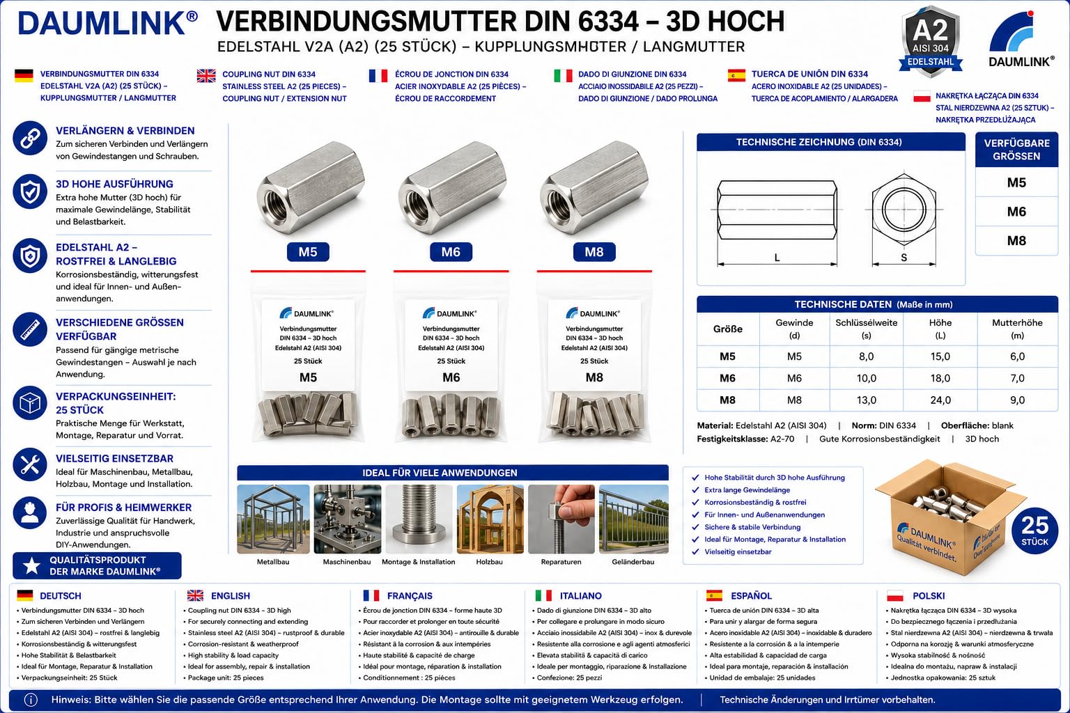 DAUMLINK DIN 6334 Lot 25 écrous longs inox M6