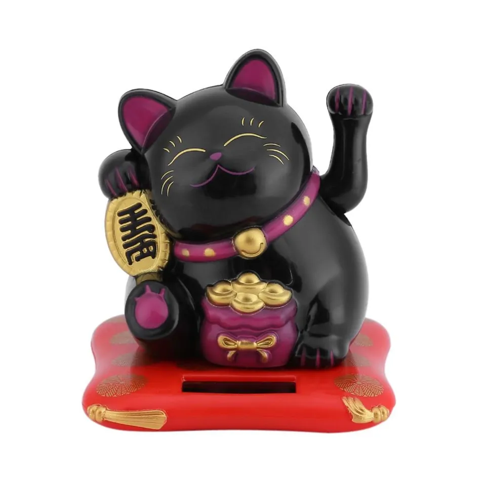 Jadeshay maneki neko solaire noir chat porte-bonheur