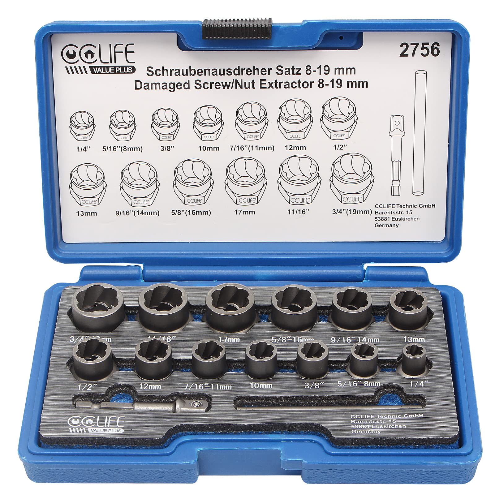CCLIFE Locking Wheel Nut Removal coffret extracteur 15 pièces 8-19mm