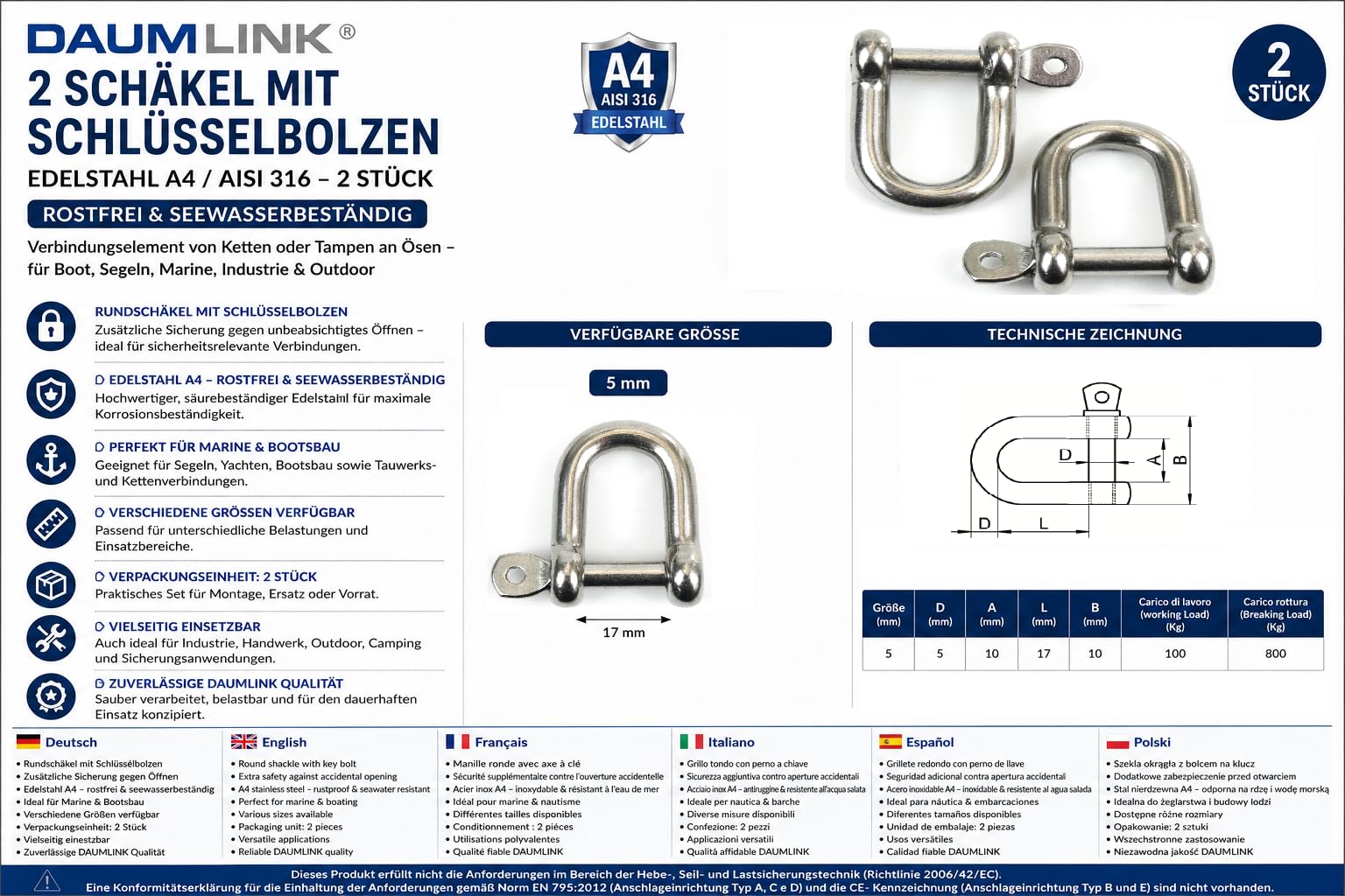 DAUMLINK Manilles manille inox 5 mm lot 2 A4