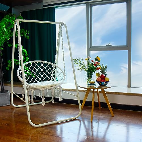 CCLIFE Fauteuil suspendu macramé beige 100 kg avec support