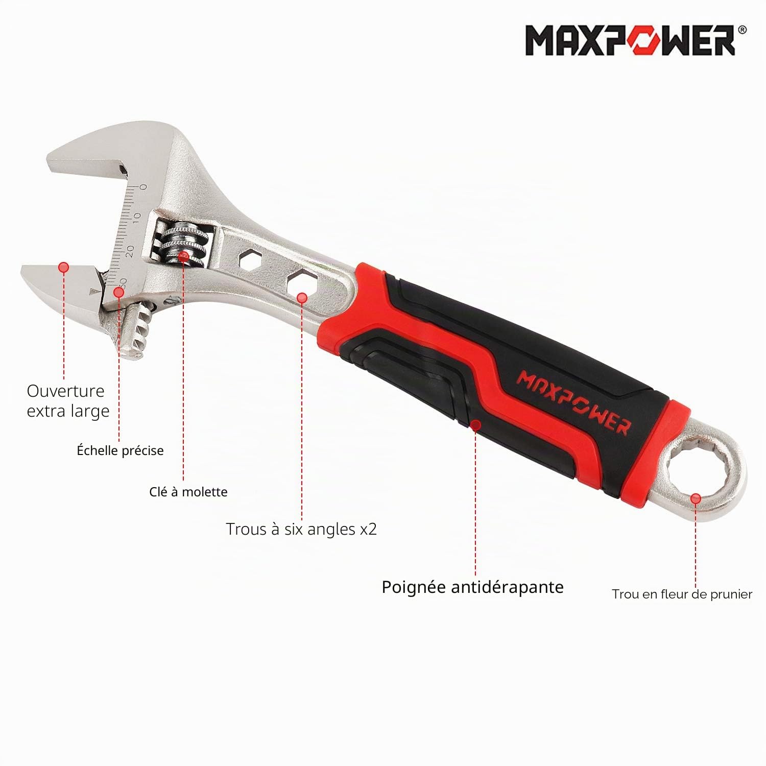 MaxPower Clé à molette 200mm 3-en-1 ouverture 30mm