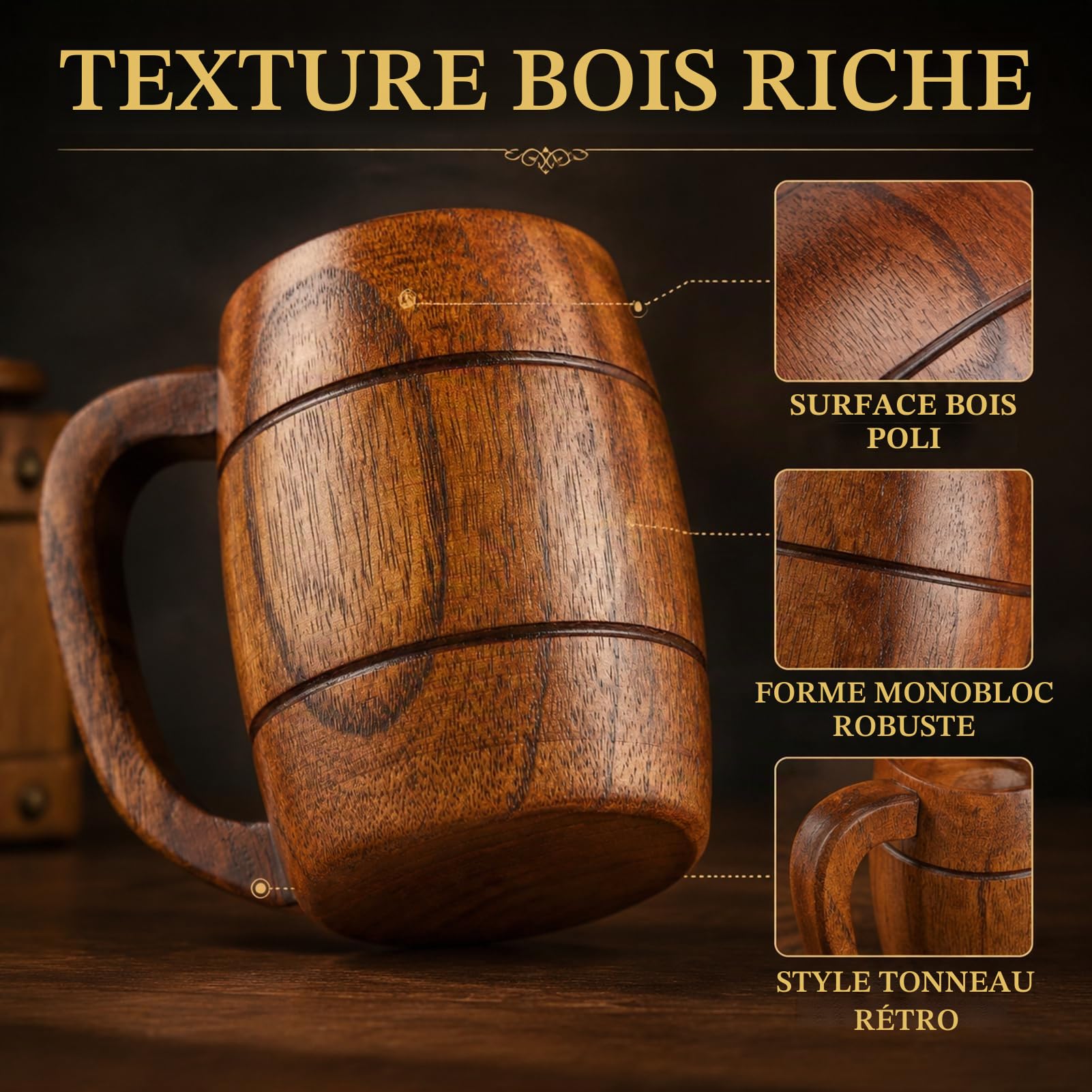 Jadeshay Tasse en Bois 350ml Chope Bière Rétro