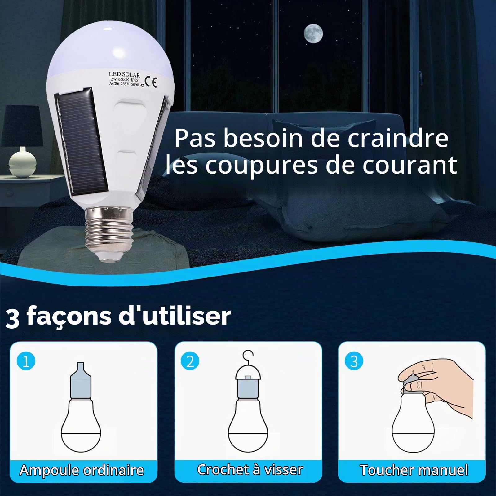 OUKENS Ampoule LED solaire E27 12W portable IP65