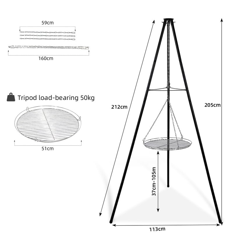 CCLIFE DIY Tools trépied barbecue 205 cm + foyer + plaque