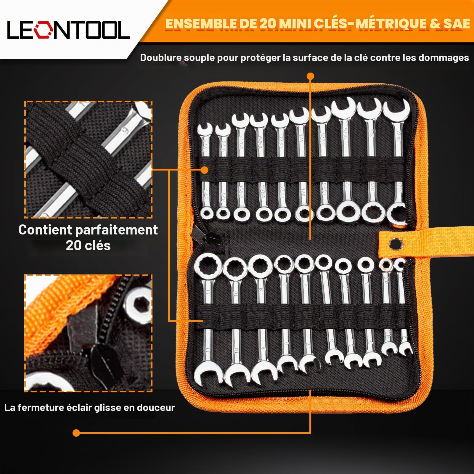 LEONTOOL Clés à Molette jeu 20 mini clés métrique SAE