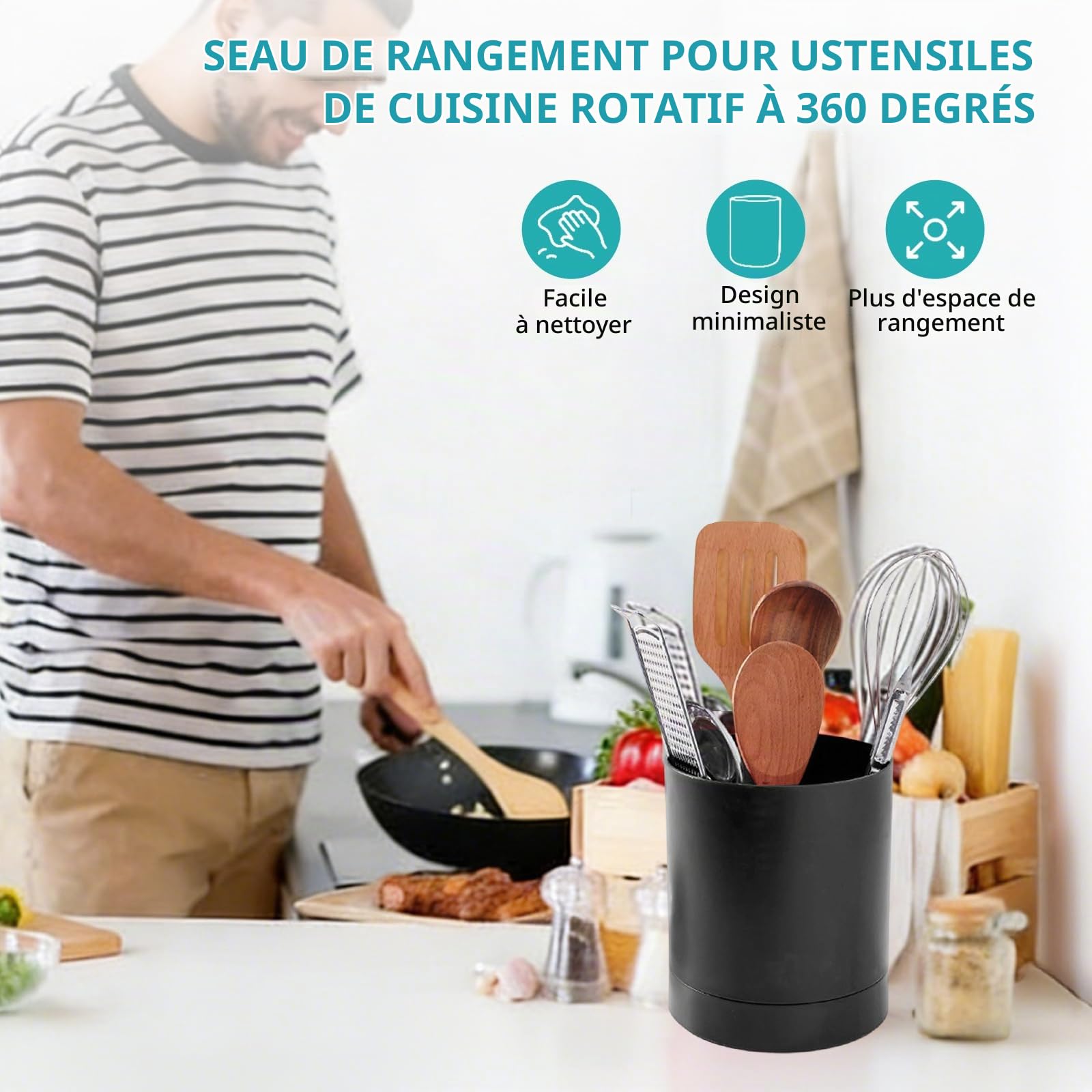 OUKENS Cuisine et maison Porte-ustensiles rotatif 360° noir PP