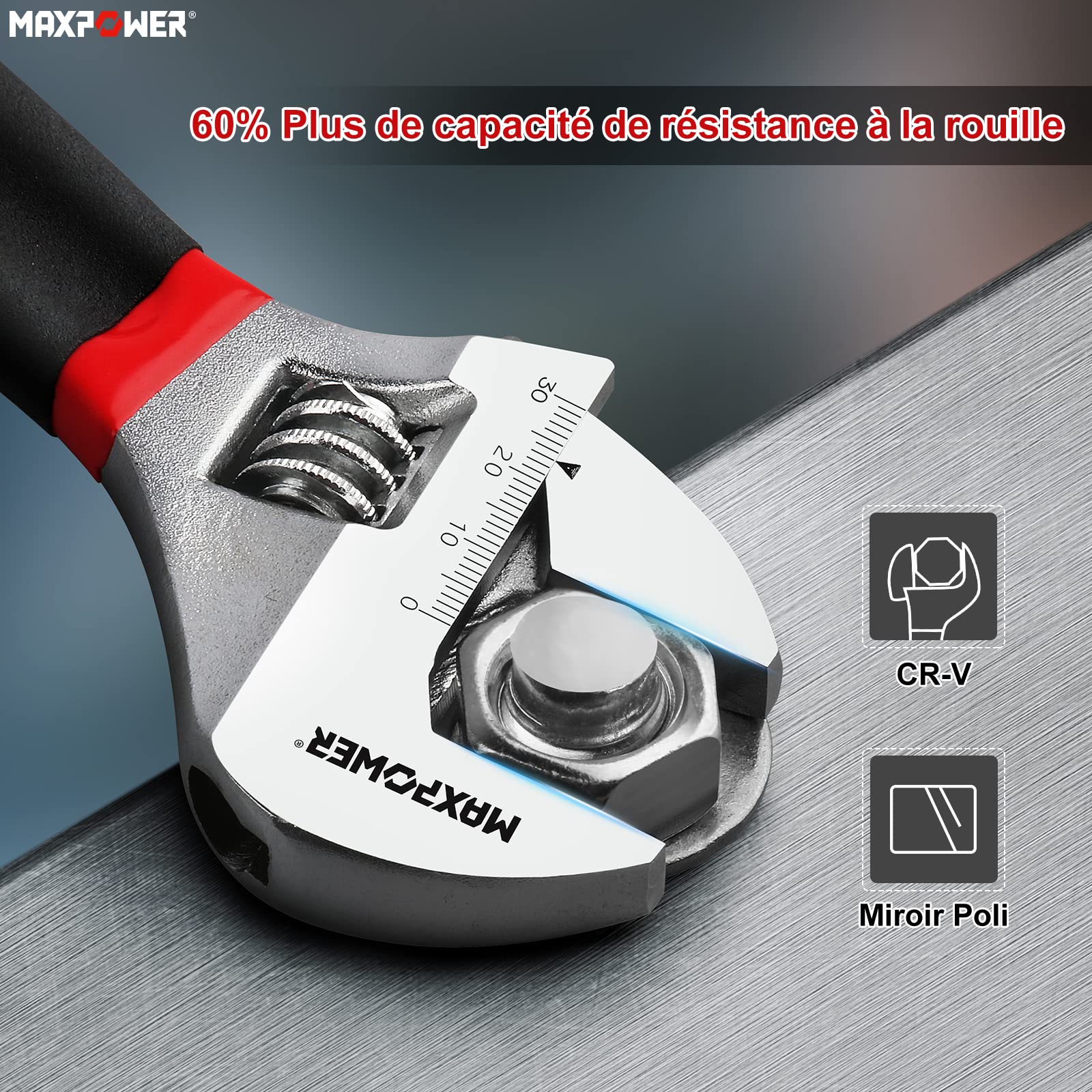 MaxPower Clé clé à molette 250mm Cr-V manche antidérapant