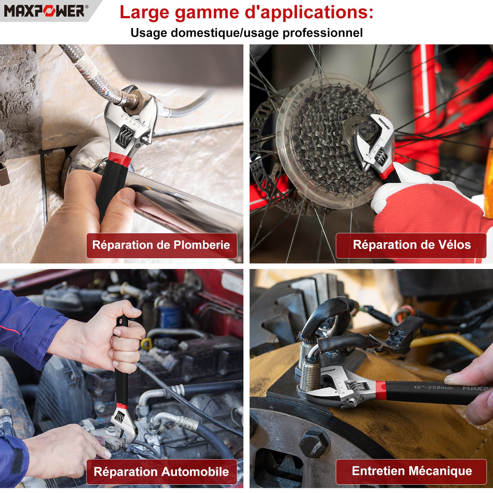 MaxPower Clé clé à molette 250mm Cr-V manche antidérapant