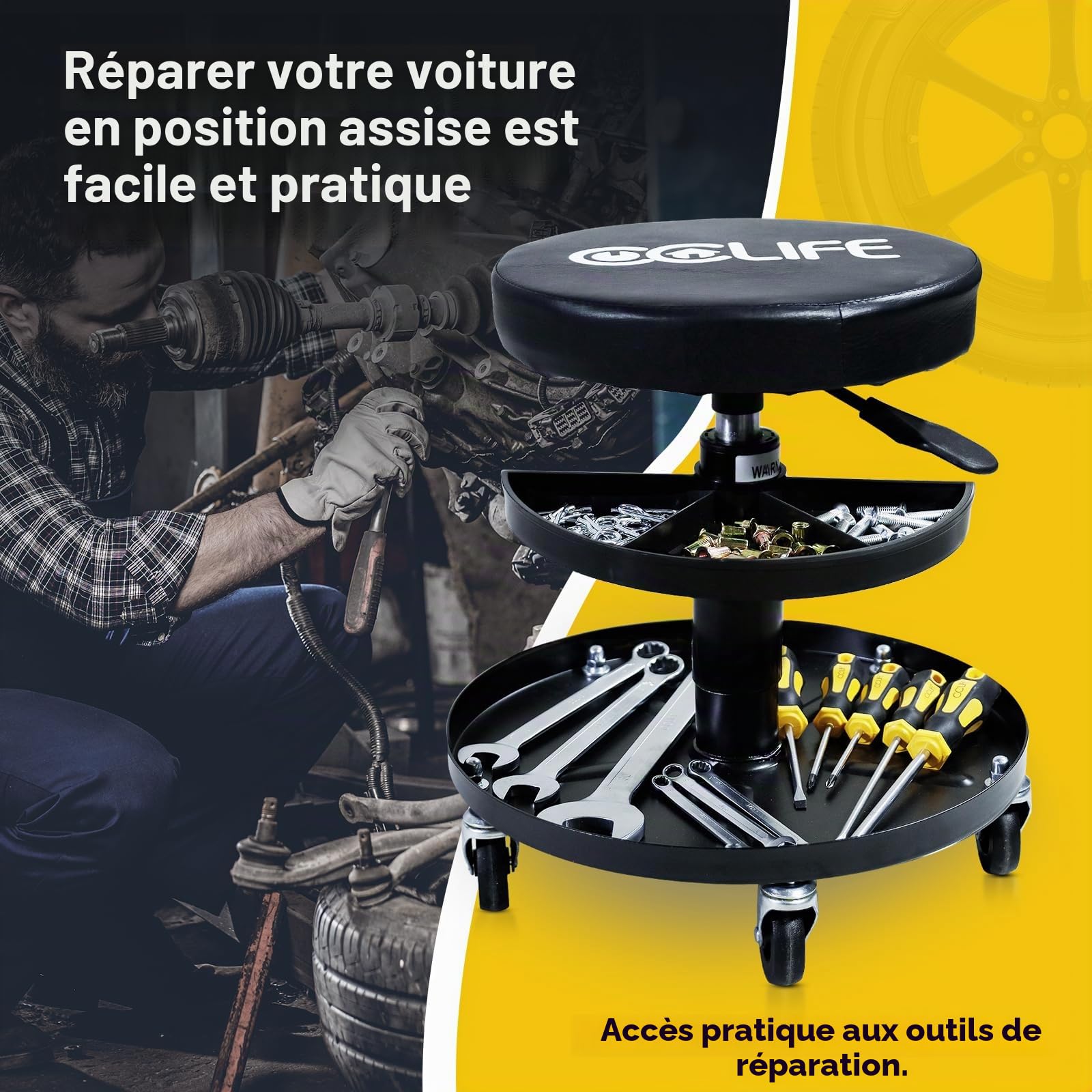 CCLIFE DIY Tools tabouret atelier noir 150 kg réglable 2 plateaux