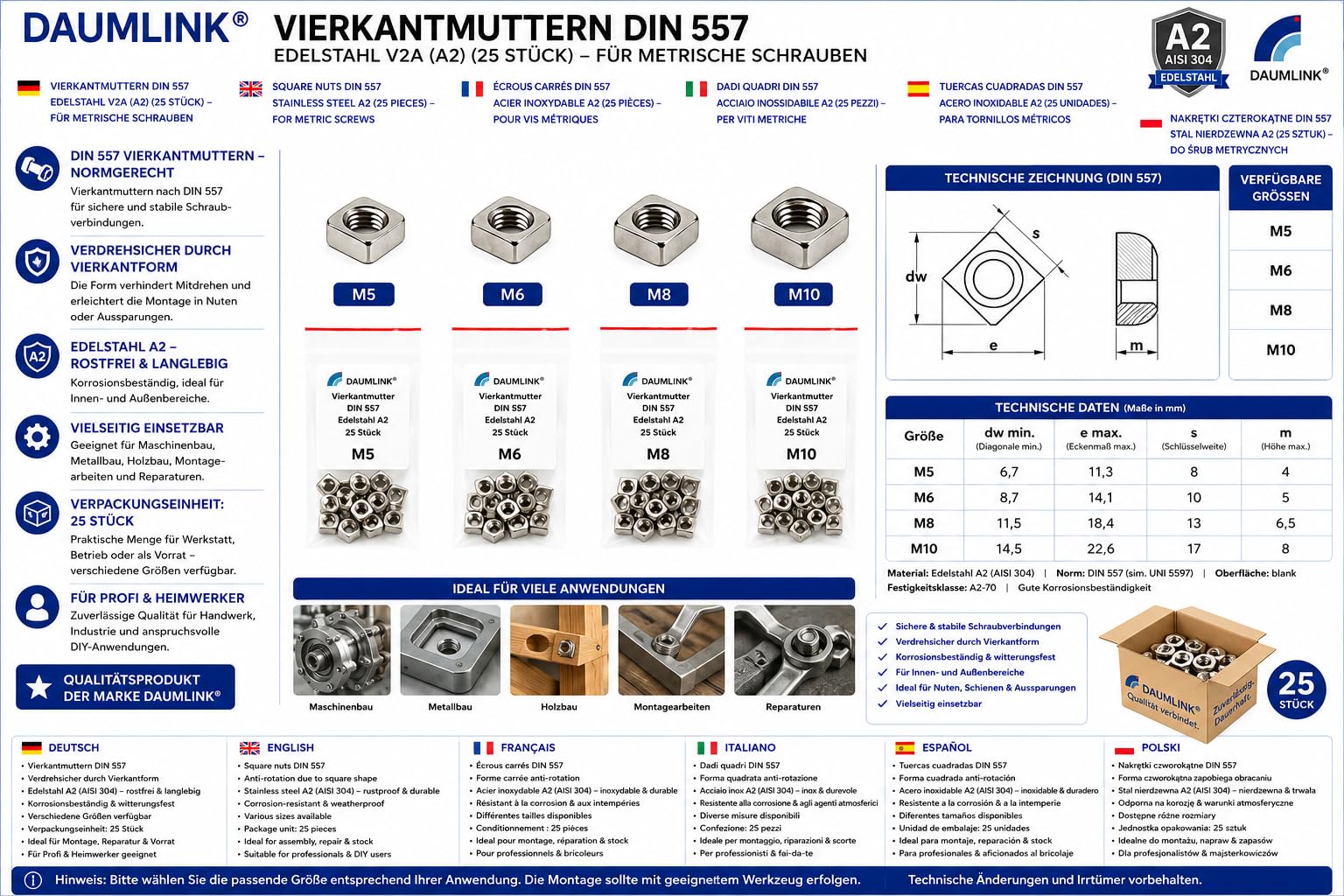 DAUMLINK écrous carrés DIN 557 M8 inox A2 lot 25