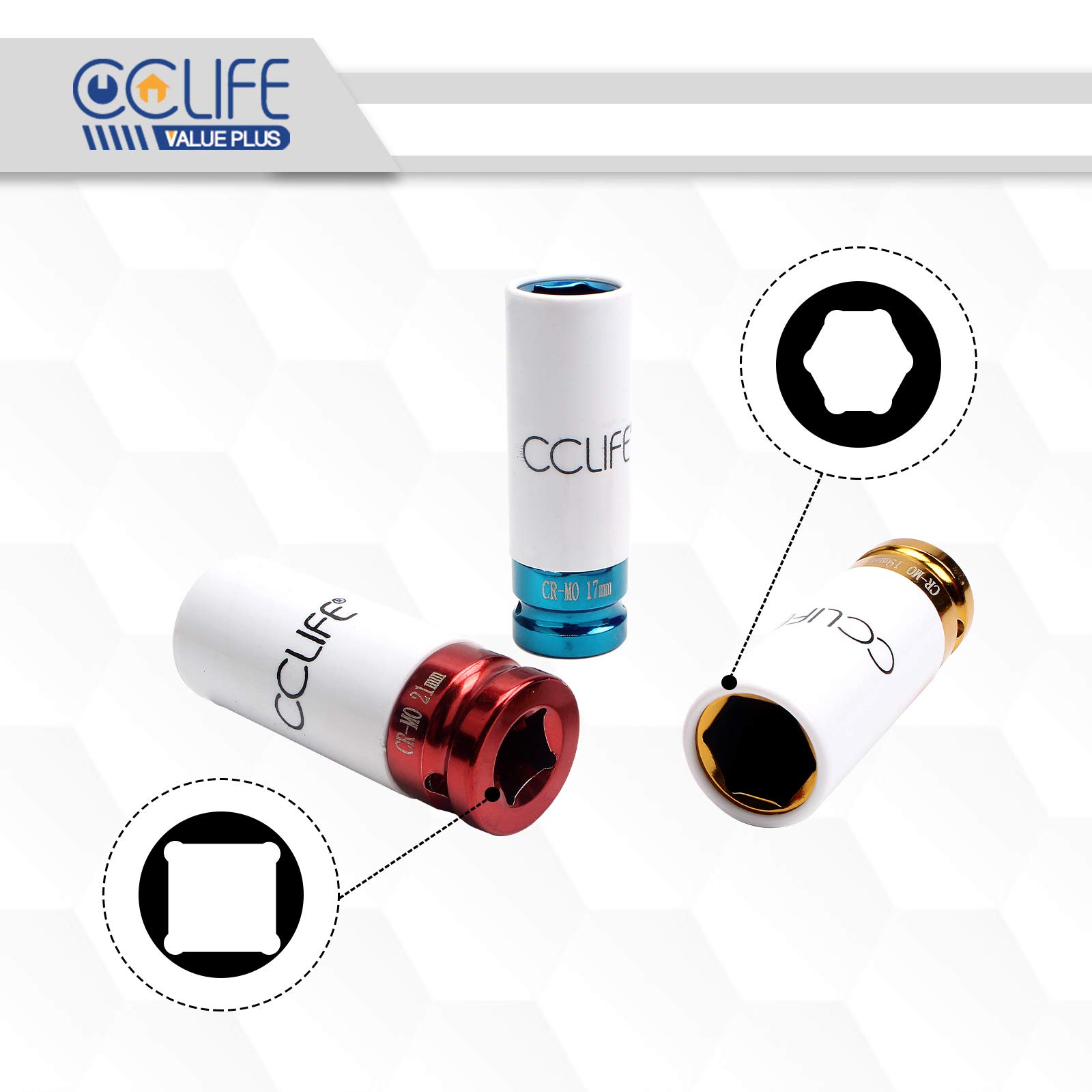 CCLIFE Jeu 3 douilles à choc 1/2" 17-19-21 mm jante alu