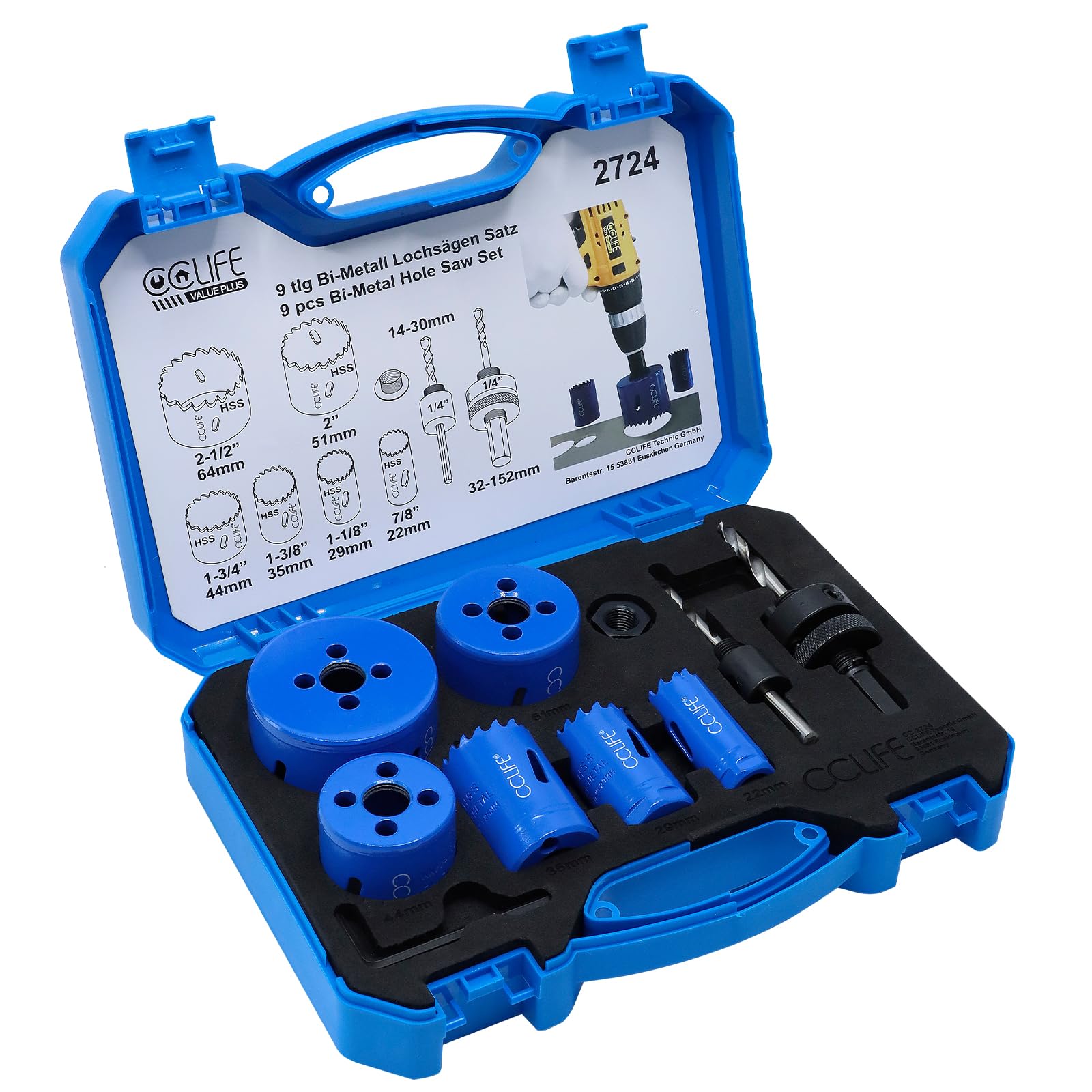 CCLIFE DIY Tools coffret scies cloches 9 pcs 22-64mm bi-métal