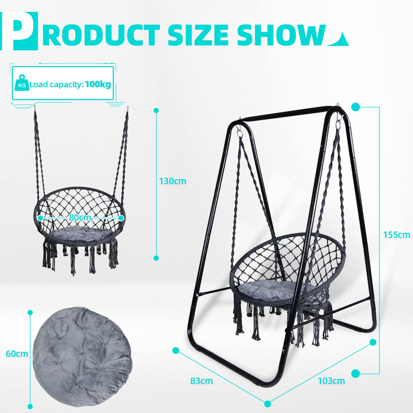 CCLIFE Fauteuil suspendu macramé gris foncé 100 kg support