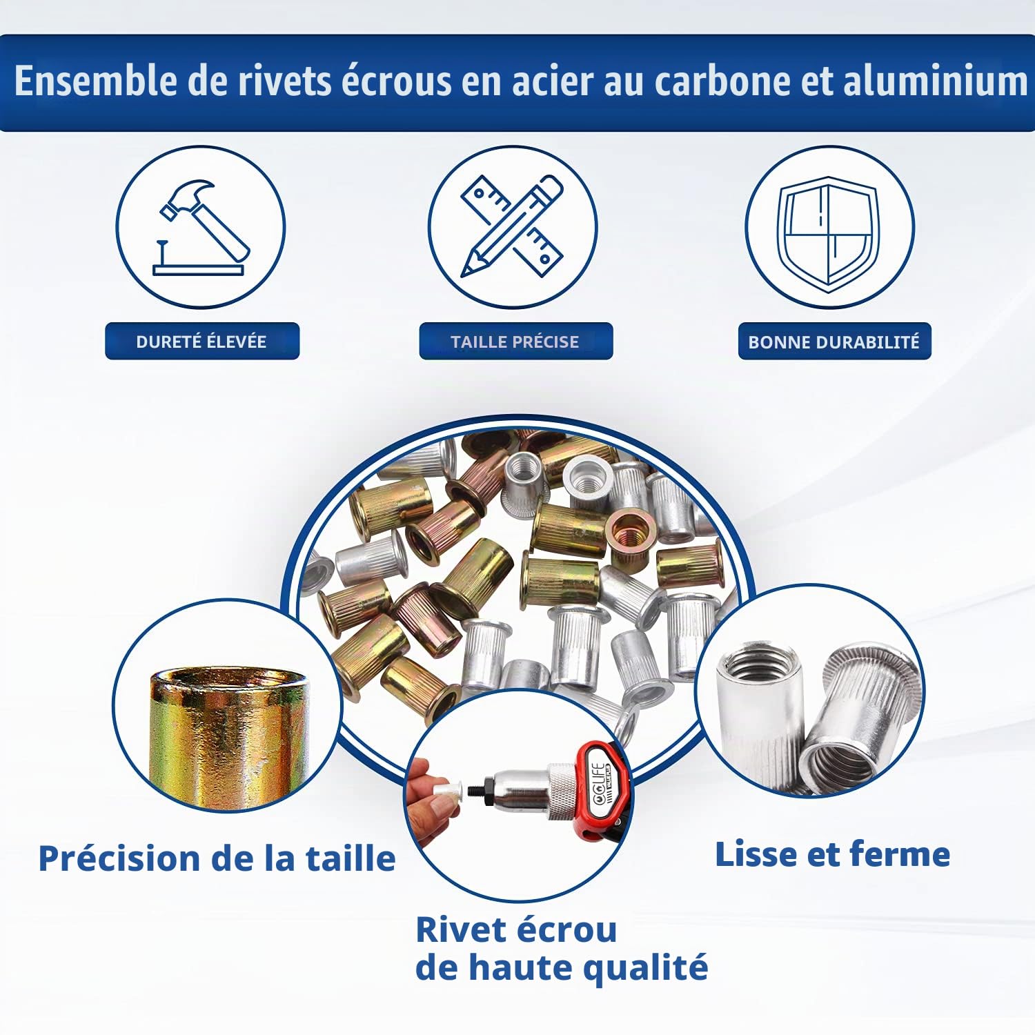 CCLIFE Rivet Guns écrous rivet acier zinc 500 pièces M3-M10