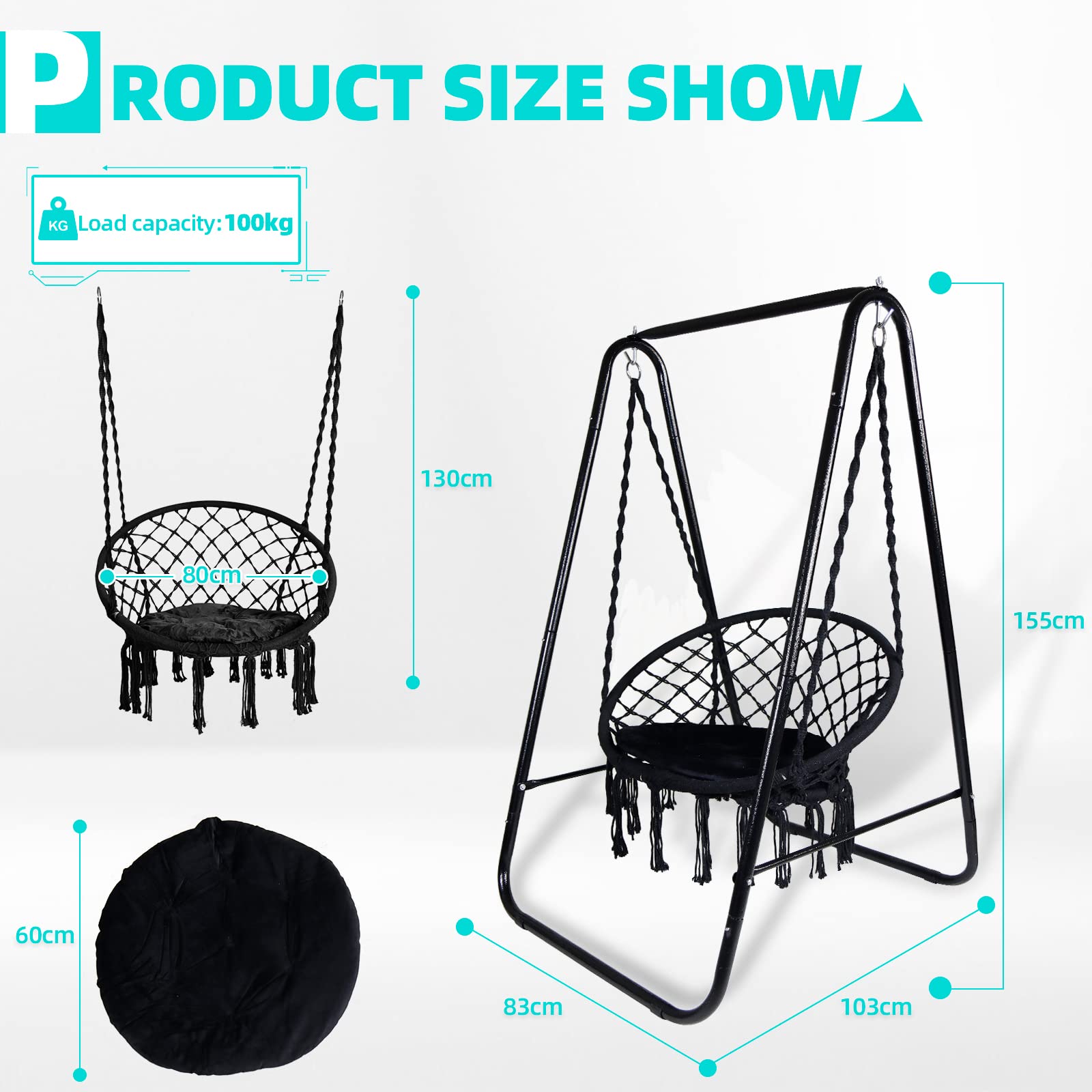 CCLIFE Fauteuil suspendu macramé noir 100 kg avec support