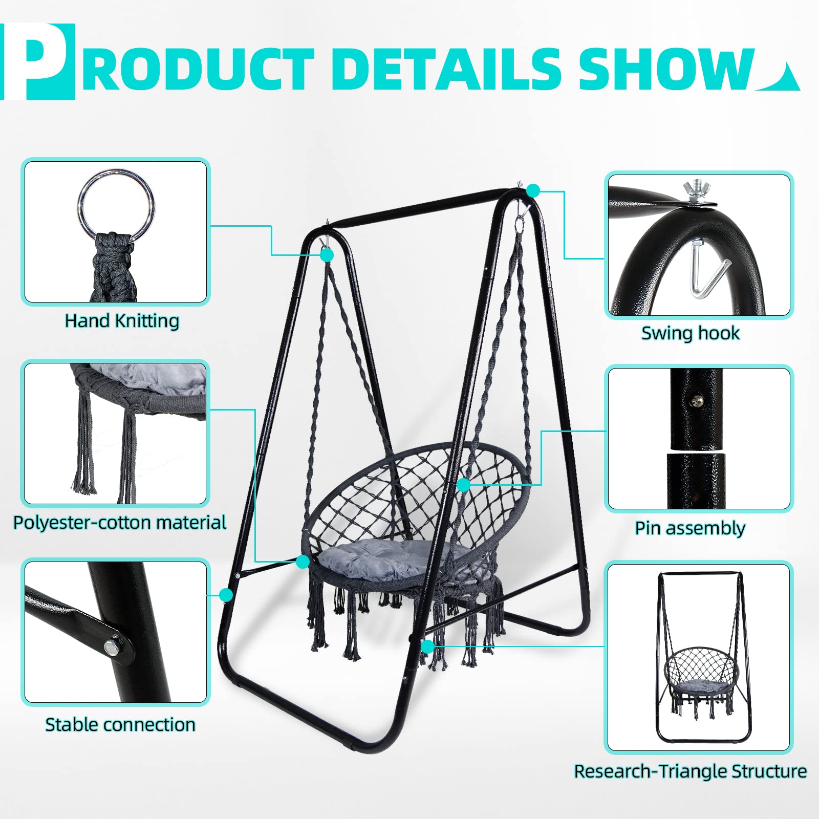 CCLIFE Fauteuil suspendu macramé gris foncé 100 kg support