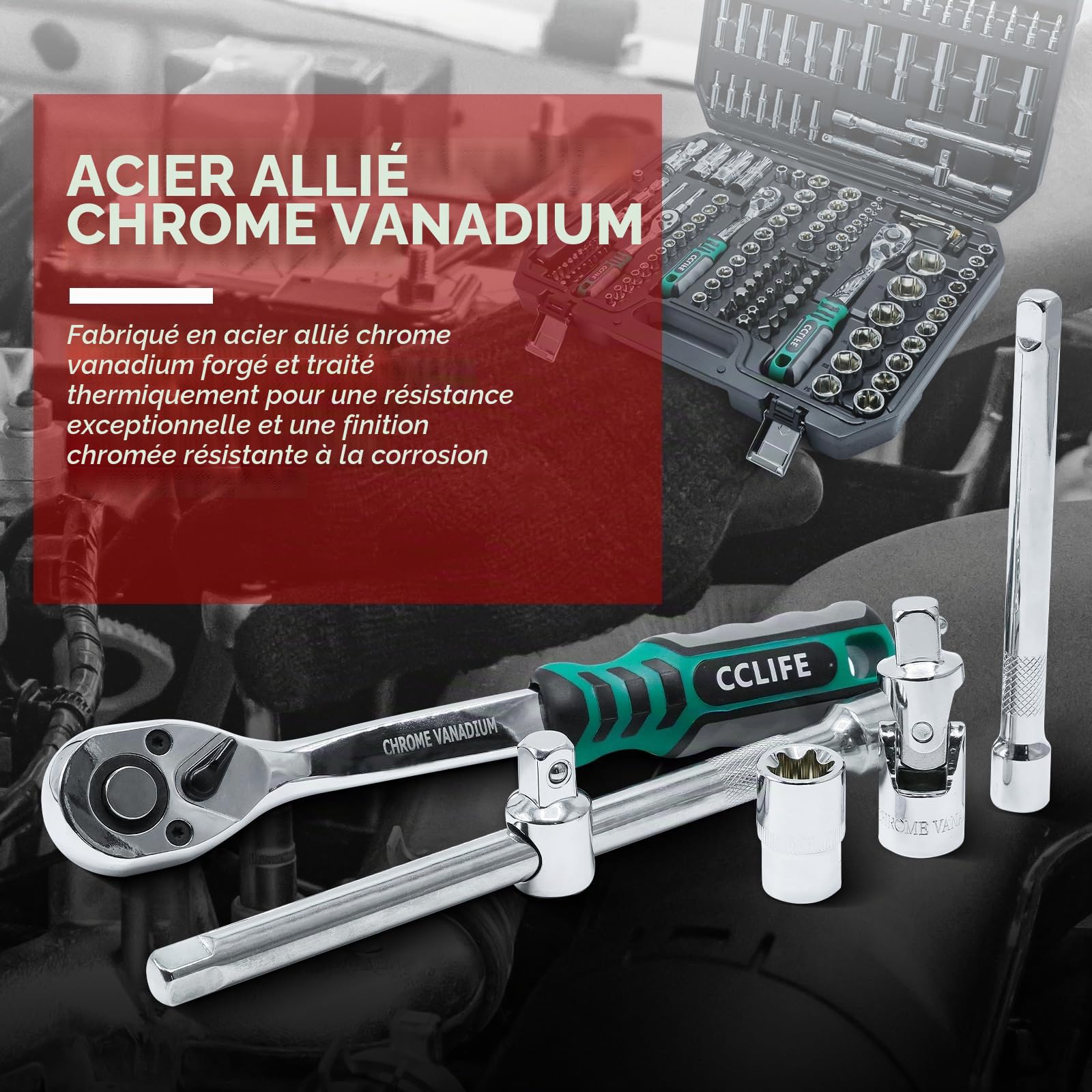 CCLIFE Coffret Douilles 187 Pièces Cliquet 72 Dents CR-V