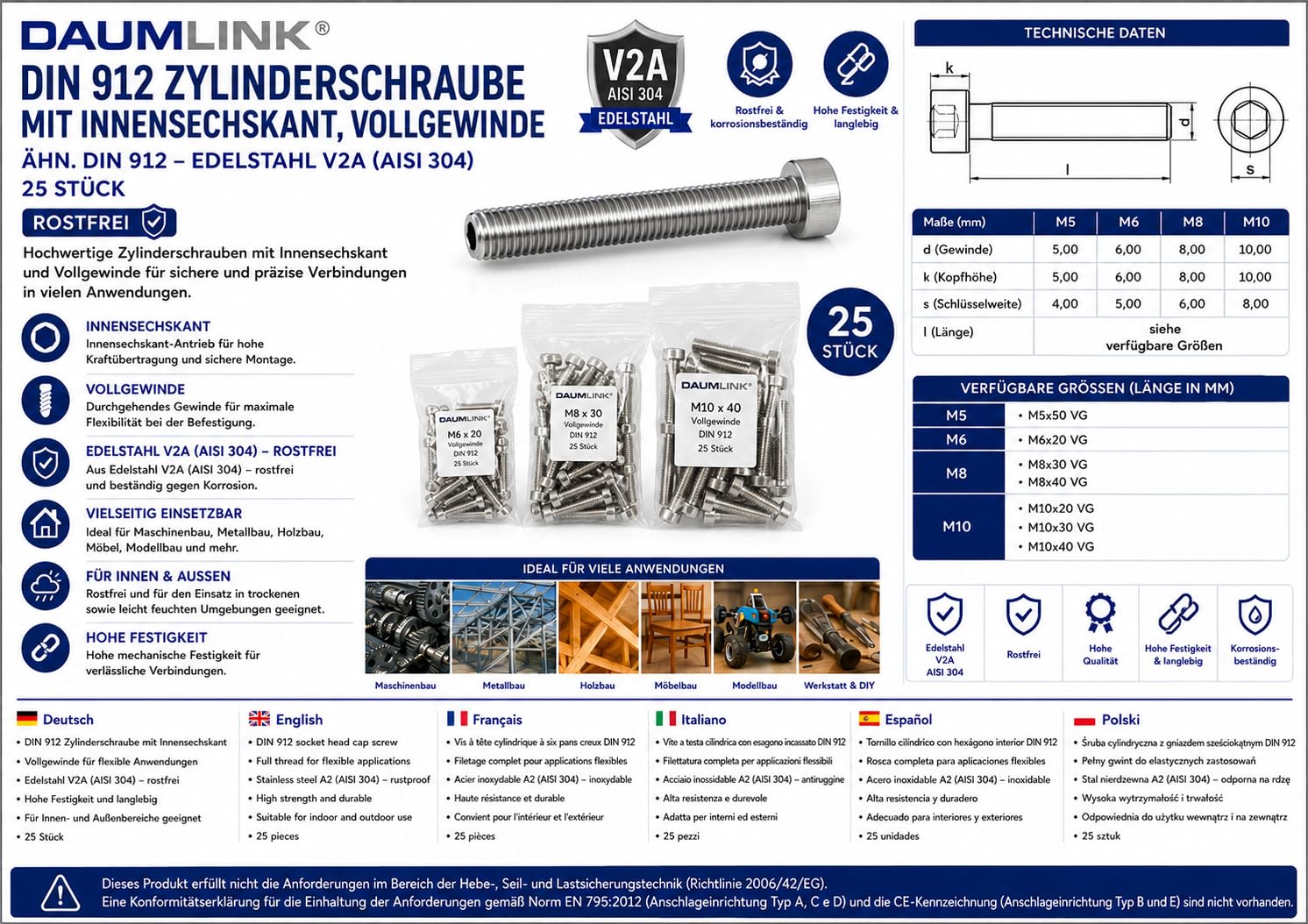 DAUMLINK Vis CHC DIN 912 Inox A2 M6x20 Lot 25 Atelier