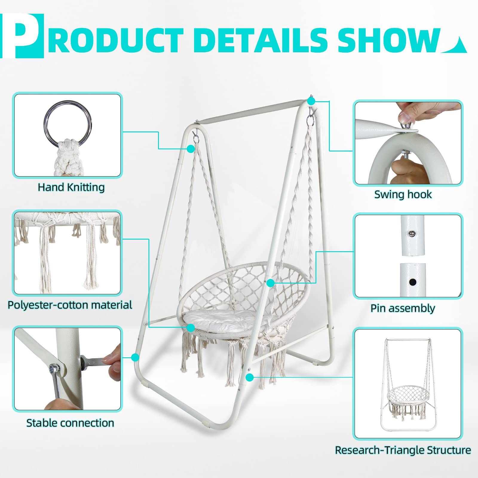 CCLIFE Fauteuil suspendu macramé beige 100 kg avec support